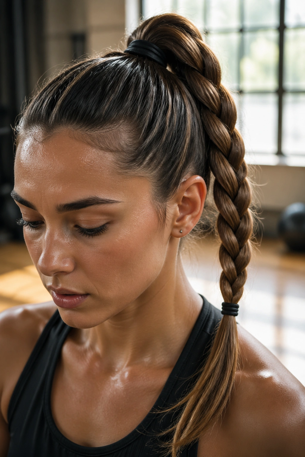 Close-up of athletic rope braid ponytail in a gym setting on a real person.