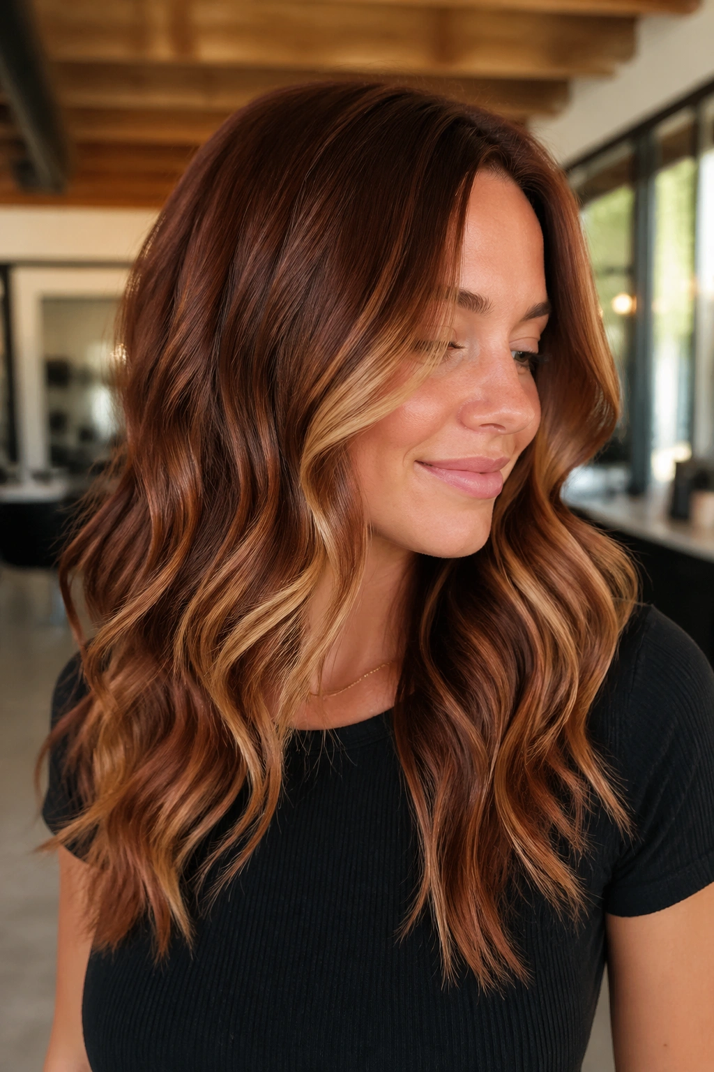 Auburn balayage with caramel ribbons on long hair in studio light