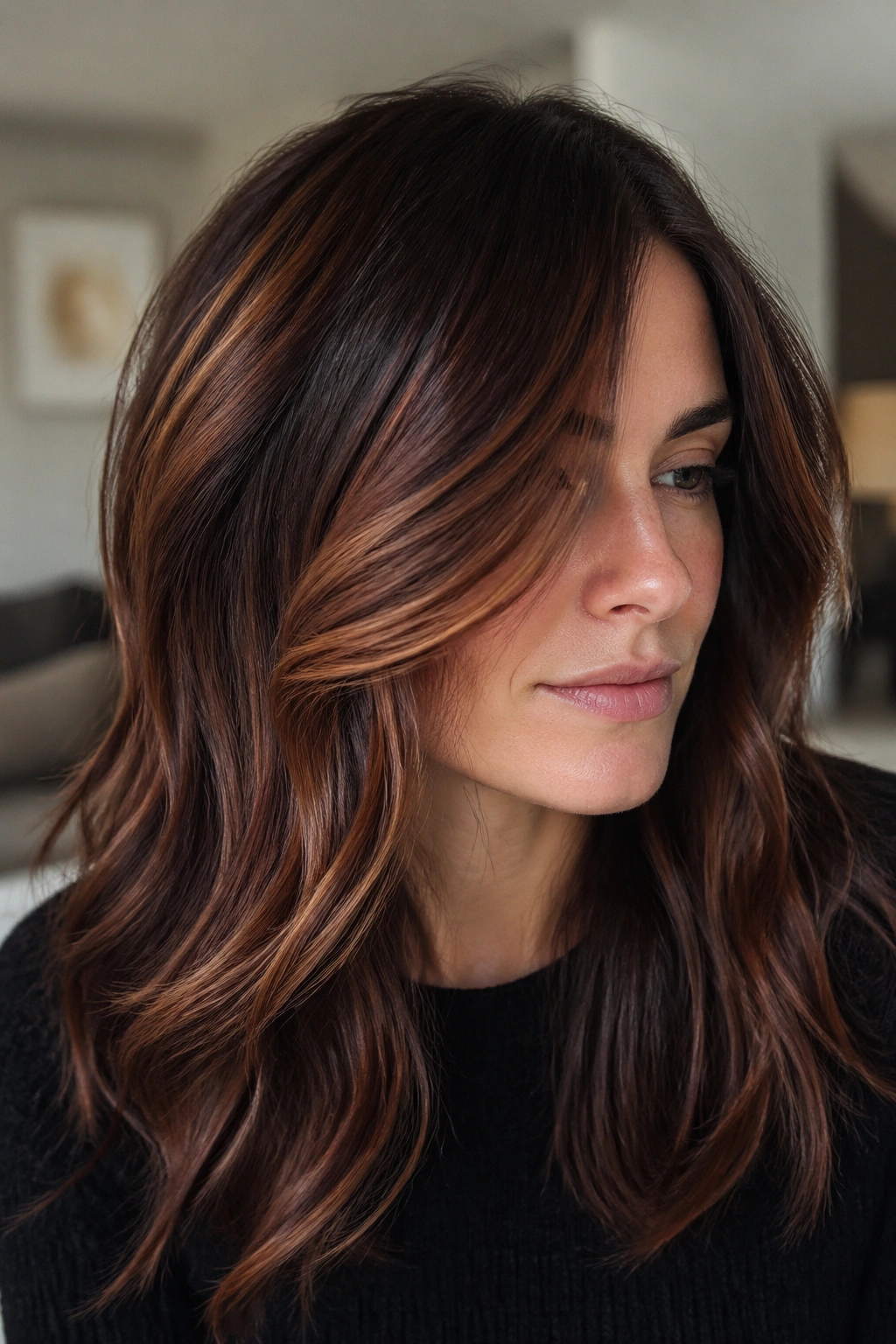 Close-up portrait of a woman with auburn brown balayage under soft light