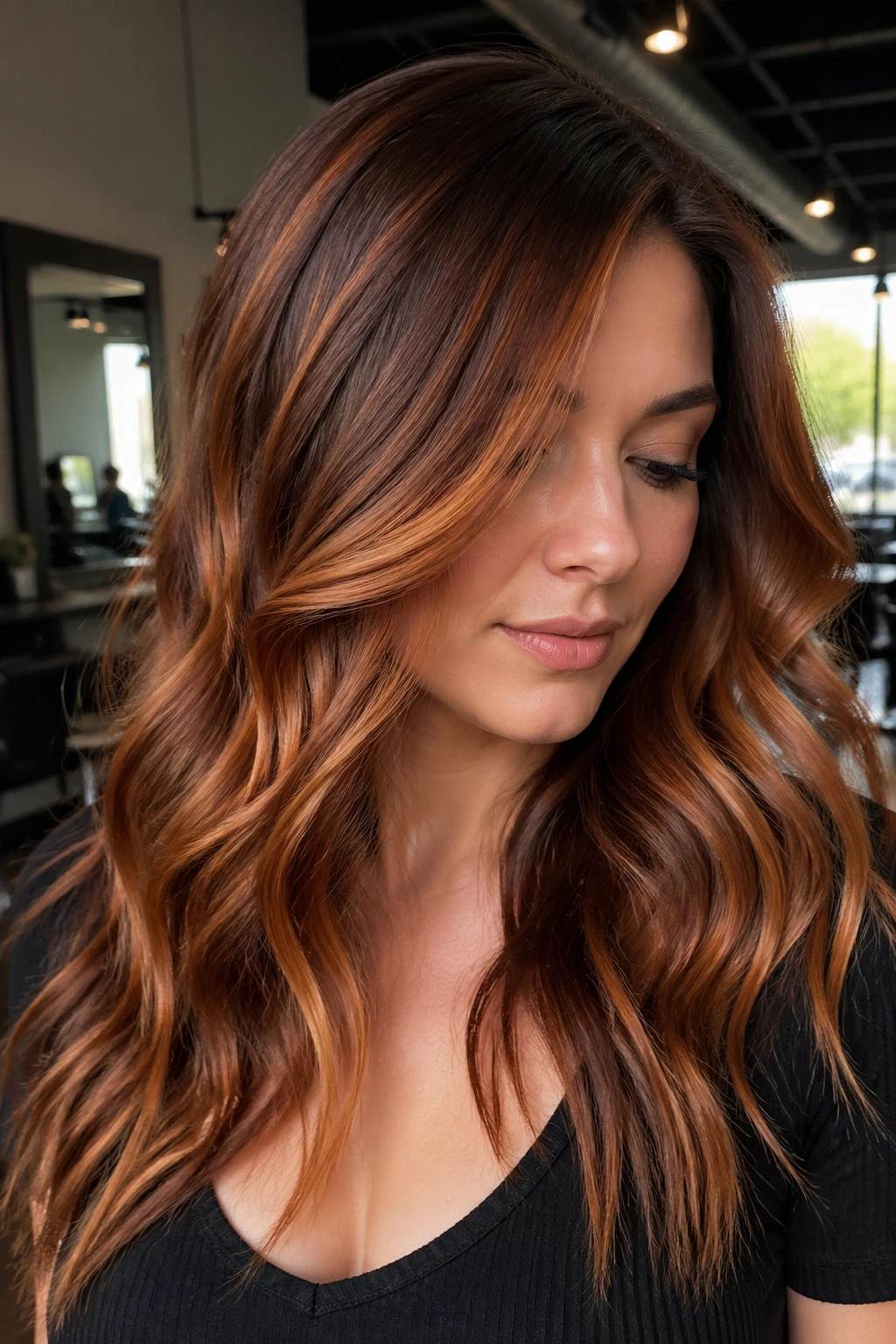 Close-up portrait of a woman with auburn balayage in a softly lit salon