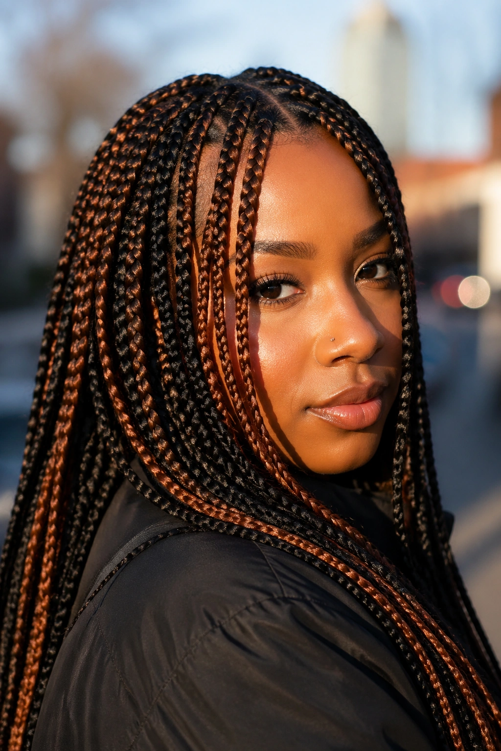 Real woman with auburn highlights on black box braids