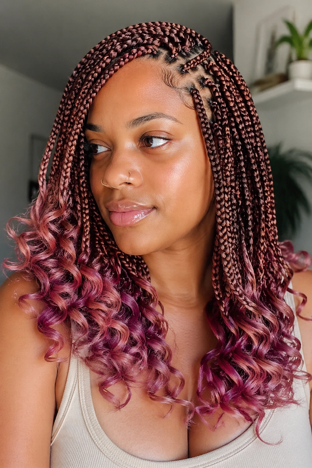 Close-up of a real person with auburn box braids and mauve pink curly ends under soft natural light