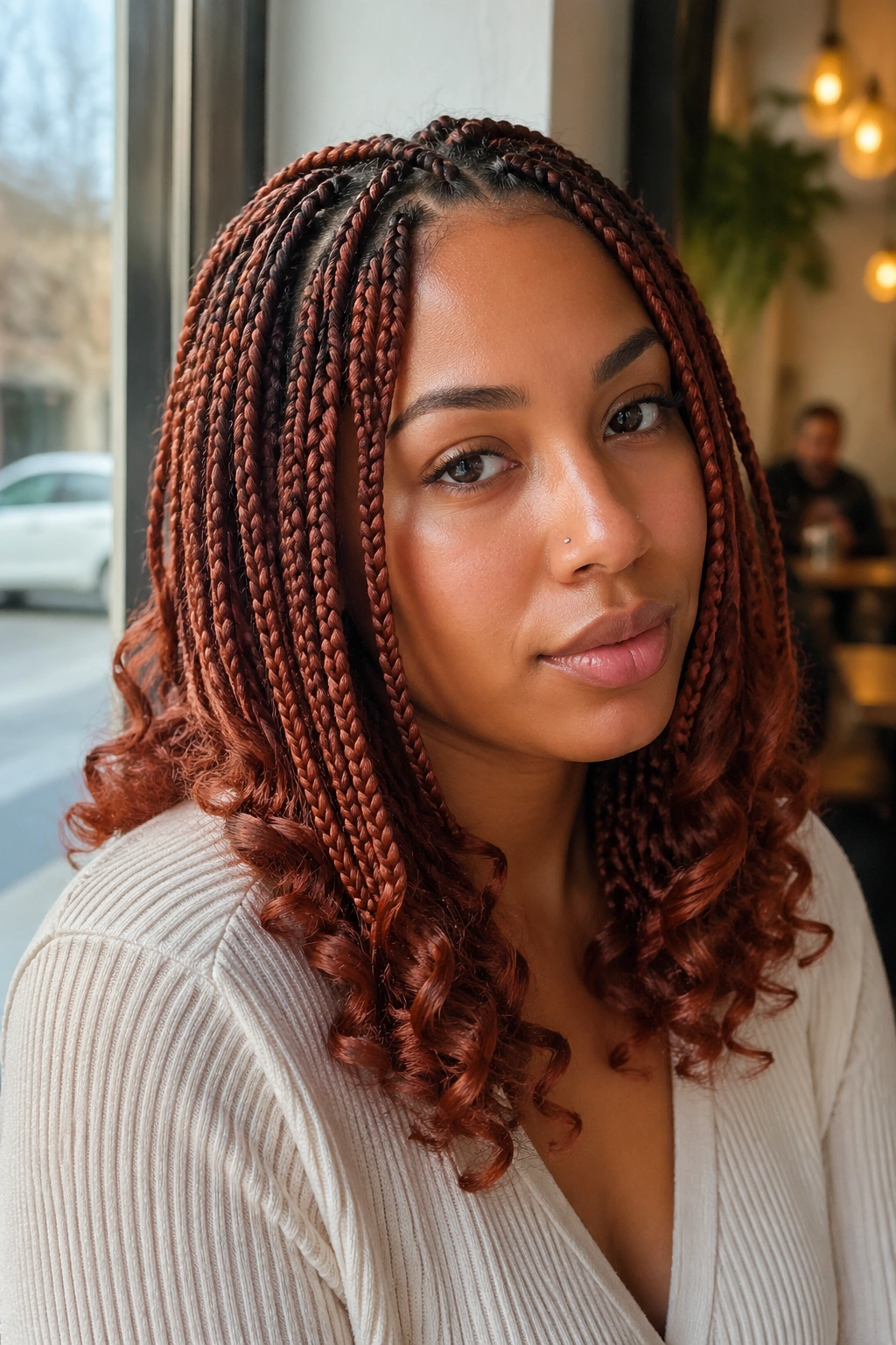 Real woman with auburn braids and curled ends