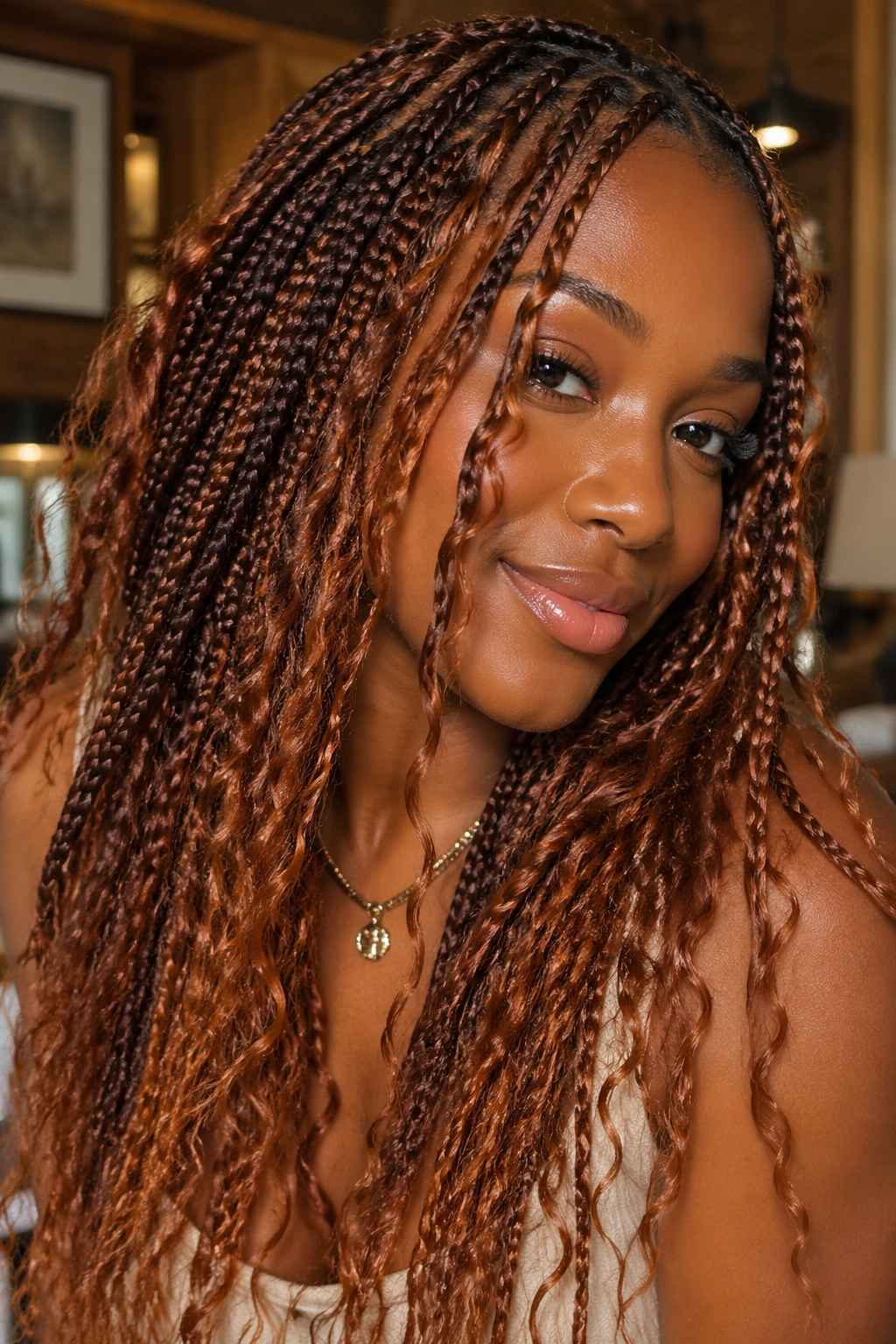 Close-up of auburn brown boho box braids on a real person