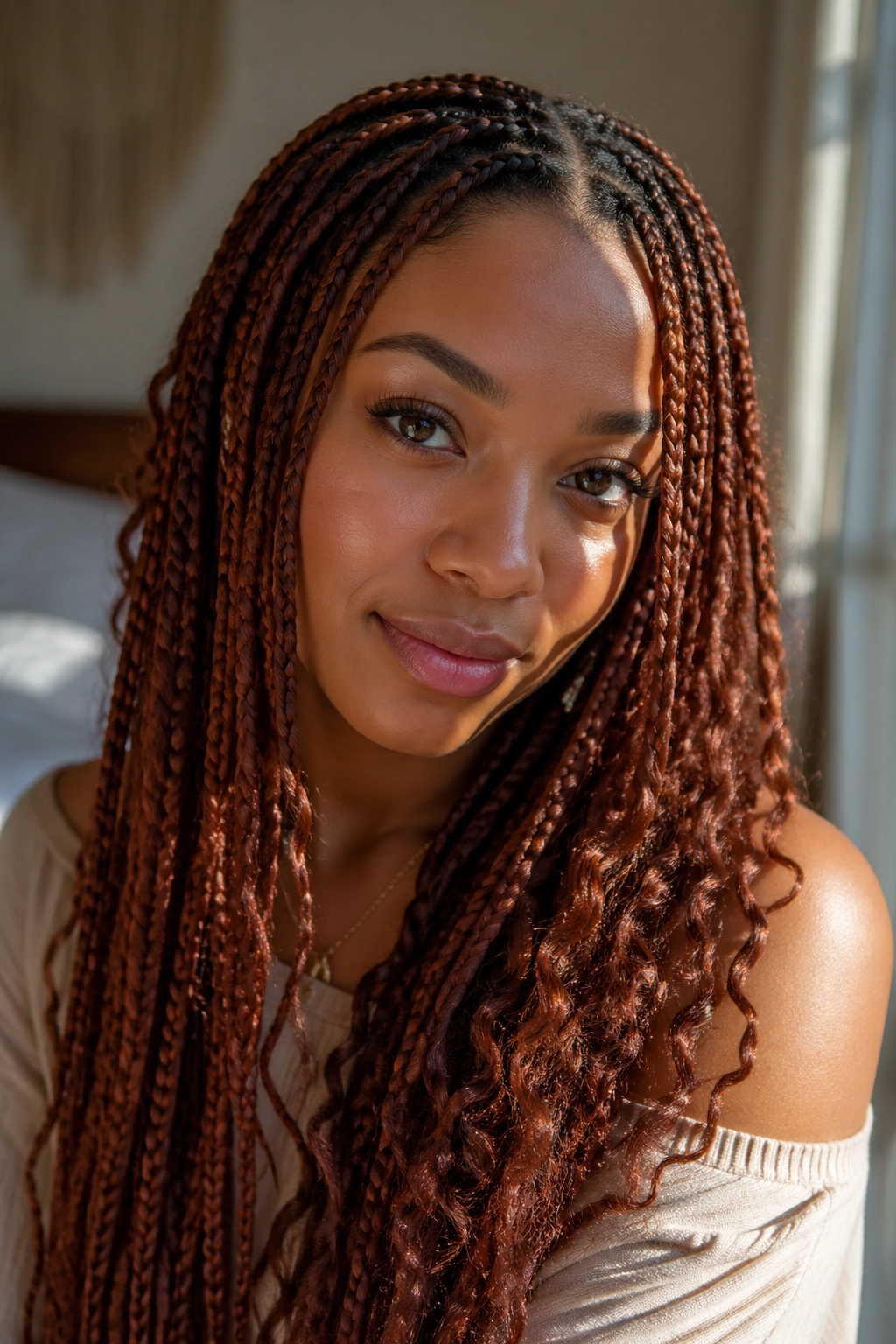 Close-up of a real woman with Auburn-Brown box braids in warm window light
