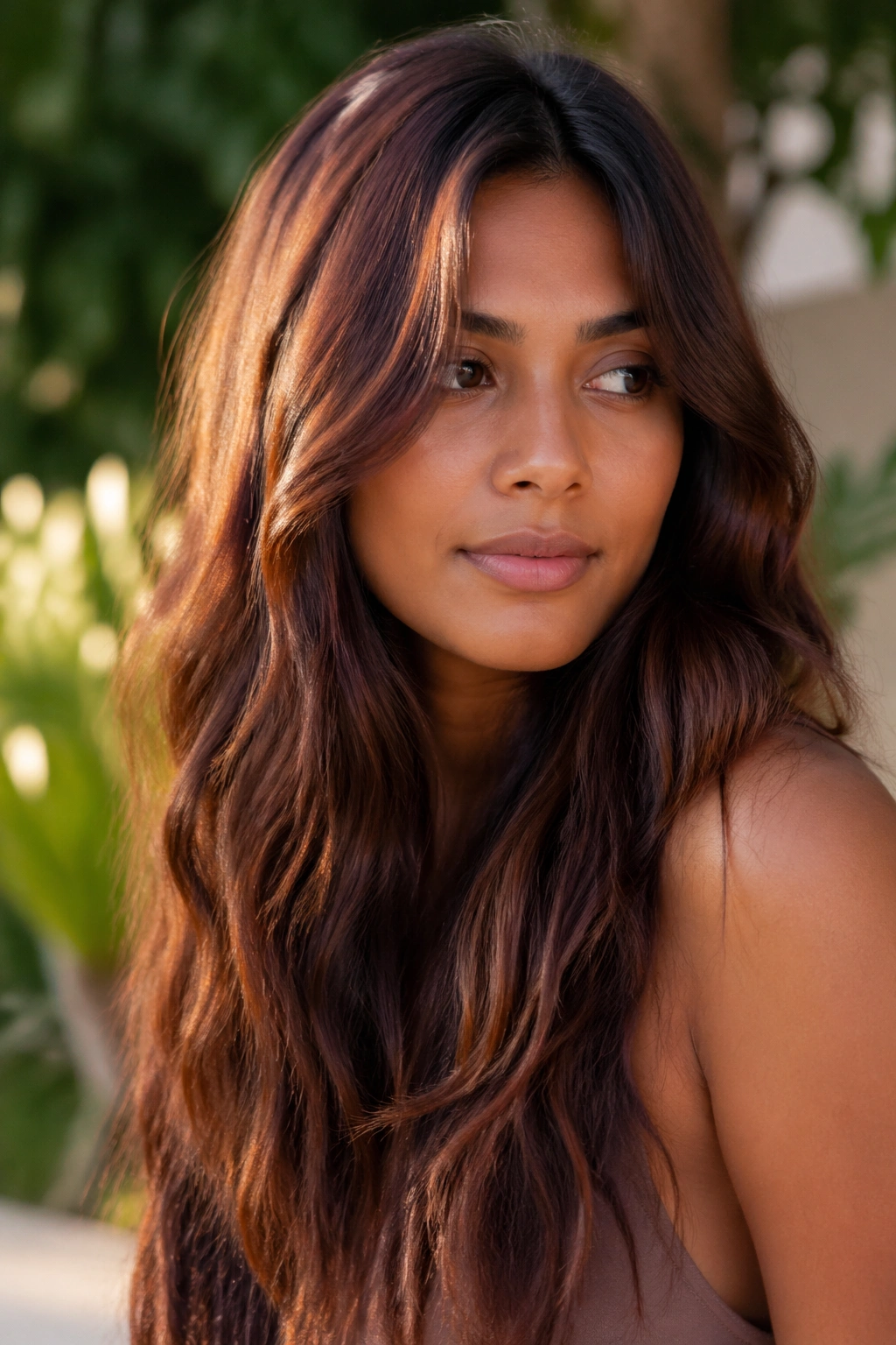 Close-up of a woman with auburn brown hair that shifts color in sunlight.