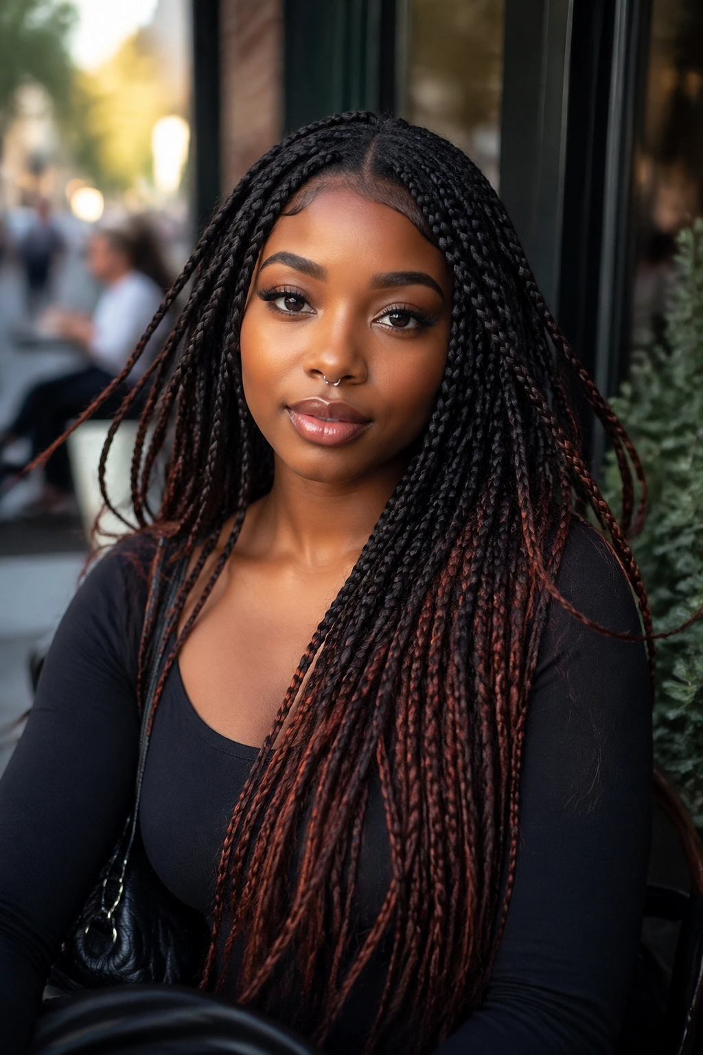 Front portrait showing auburn-brown peekaboo in knotless box braids