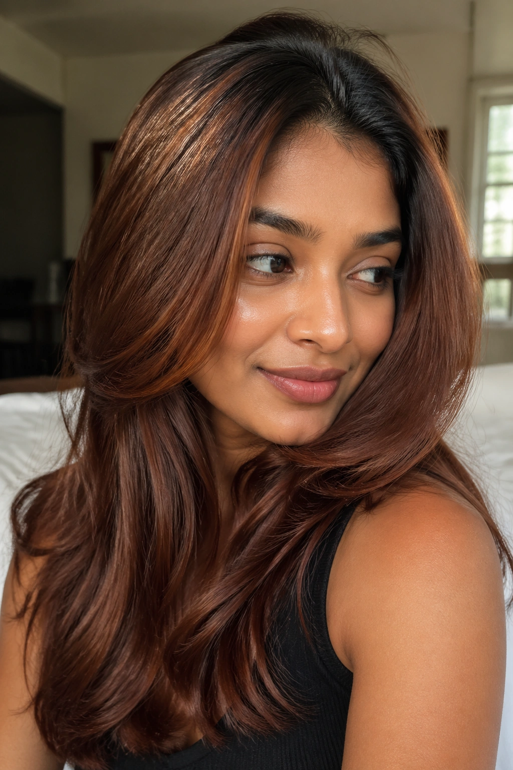 Close-up portrait of auburn brown hair with deeper roots in warm window light
