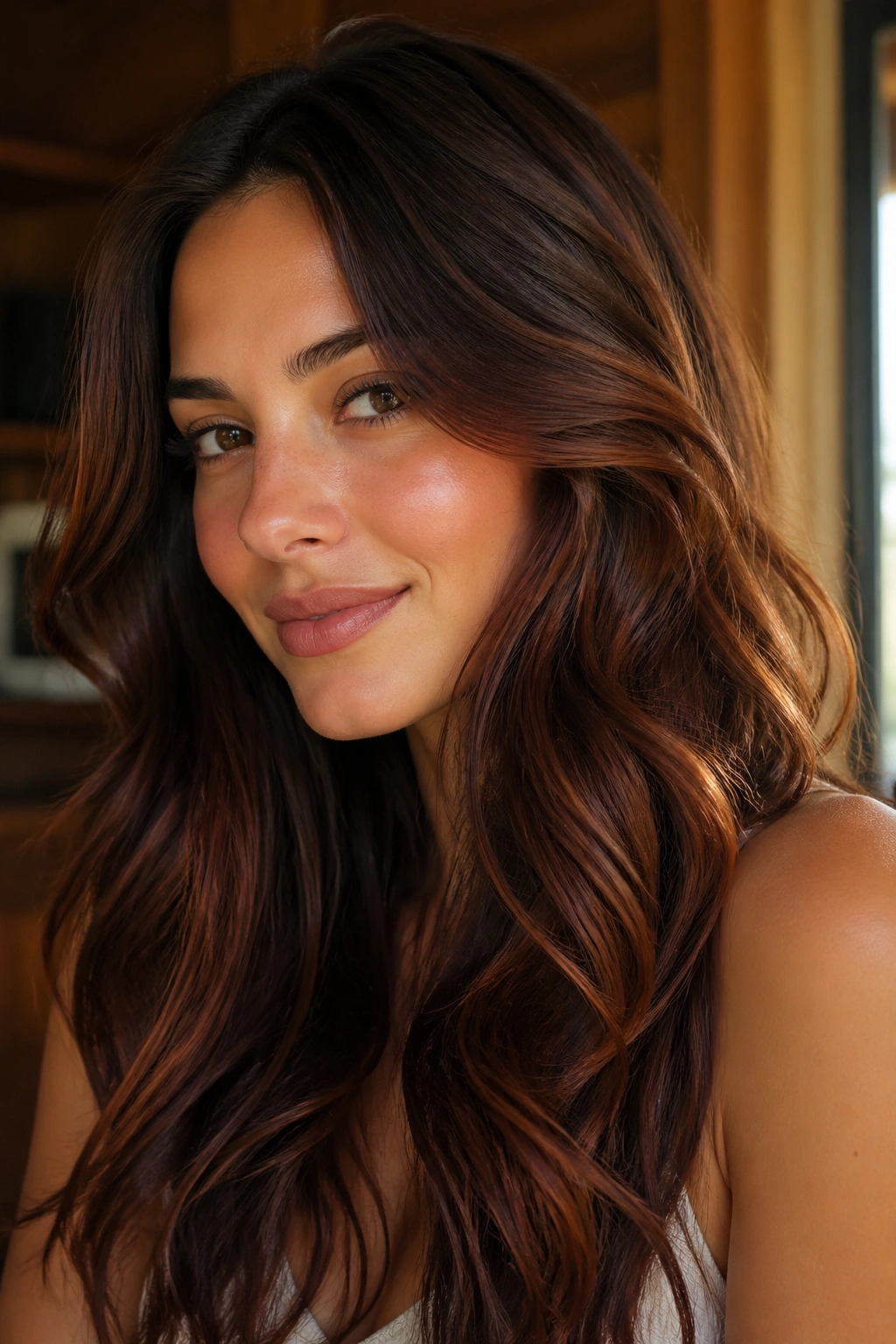 Close-up of a woman with auburn-shine brown hair in a warm interior.