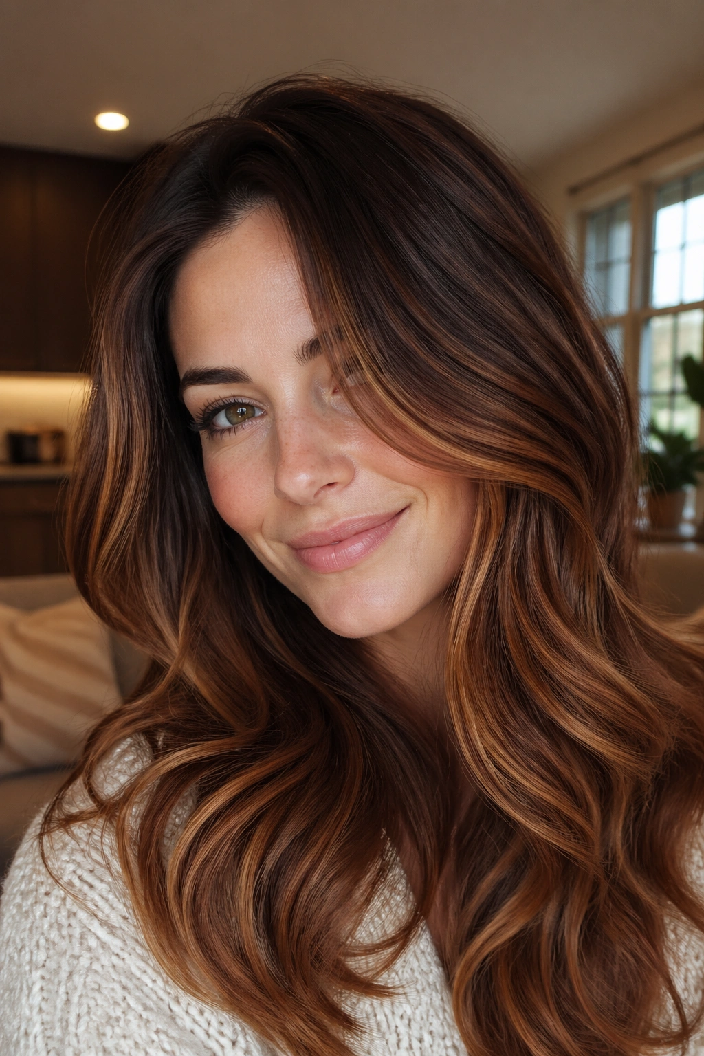 Real person with auburn caramel blend hair with subtle amber-red ribbons