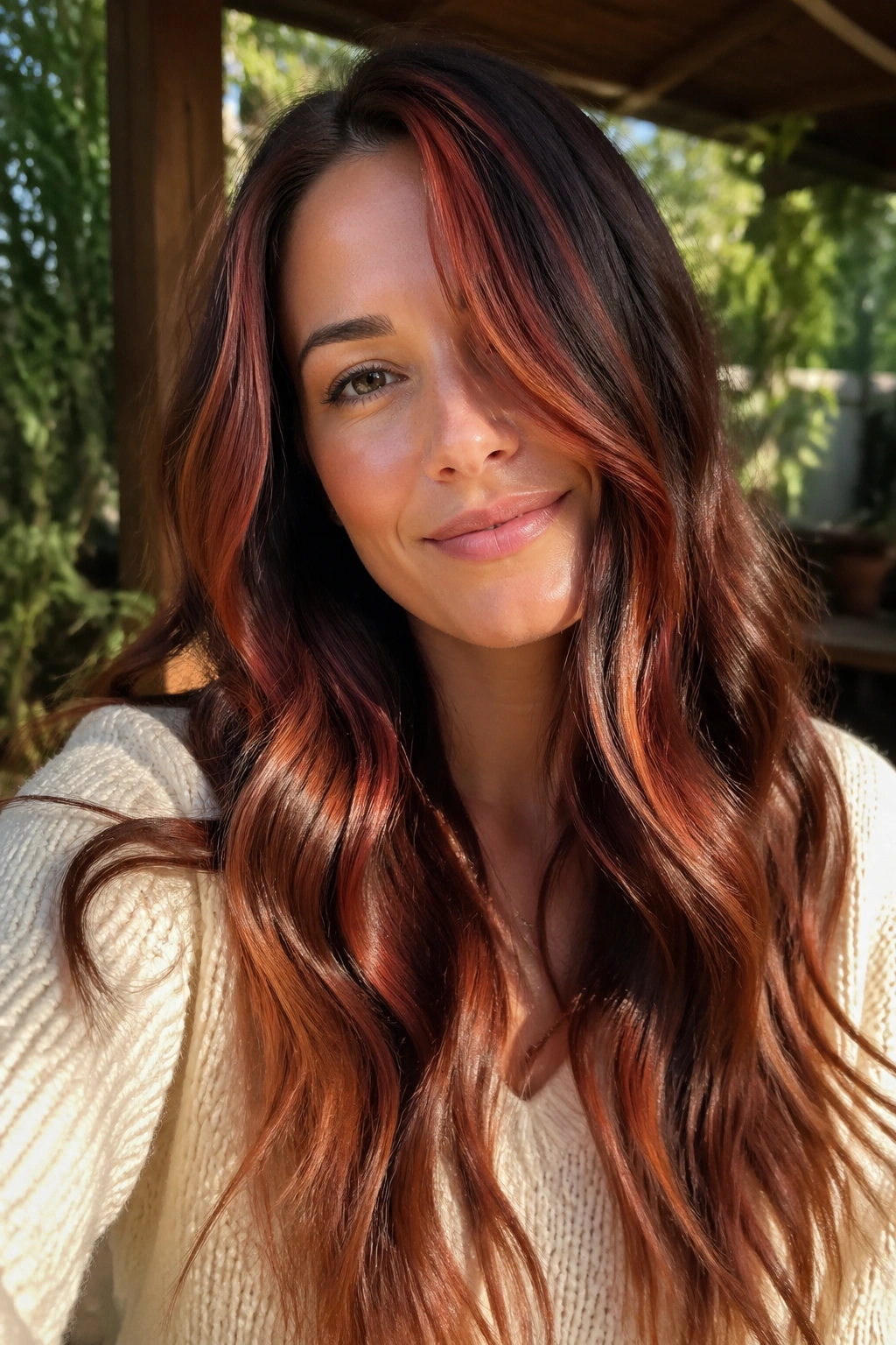 Real person with auburn and chocolate ribbon waves in hair