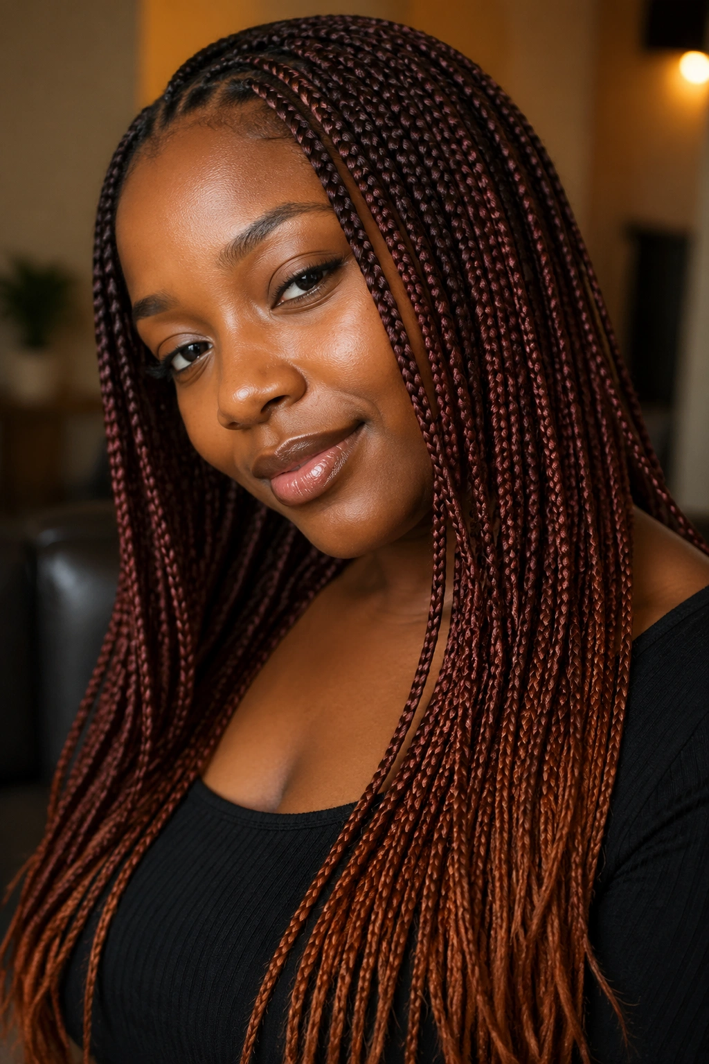 Real person with auburn and cinnamon ombré box braids in a portrait