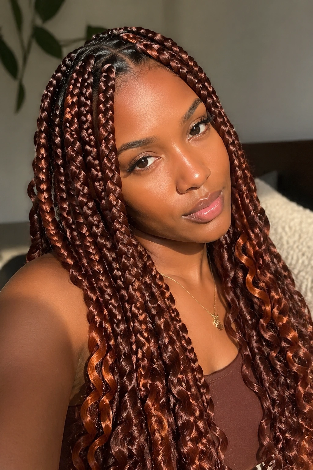 Close-up of a real woman with auburn and copper goddess braids filling the frame