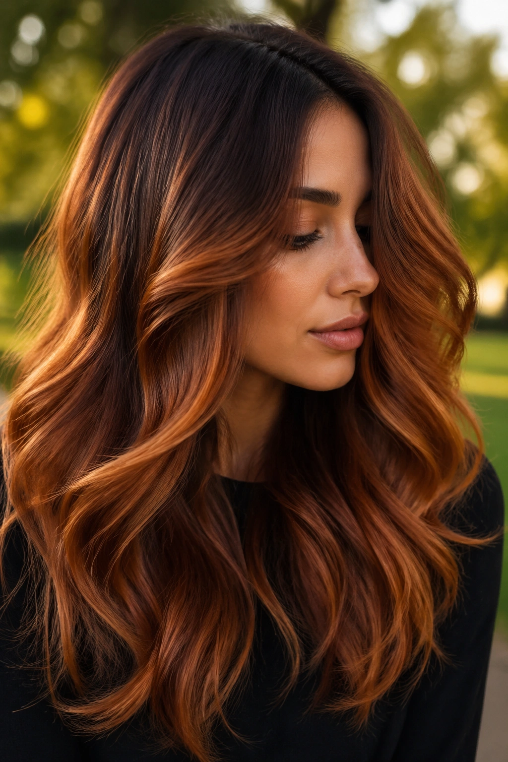 Portrait of a real woman with seamless auburn copper melt hair.