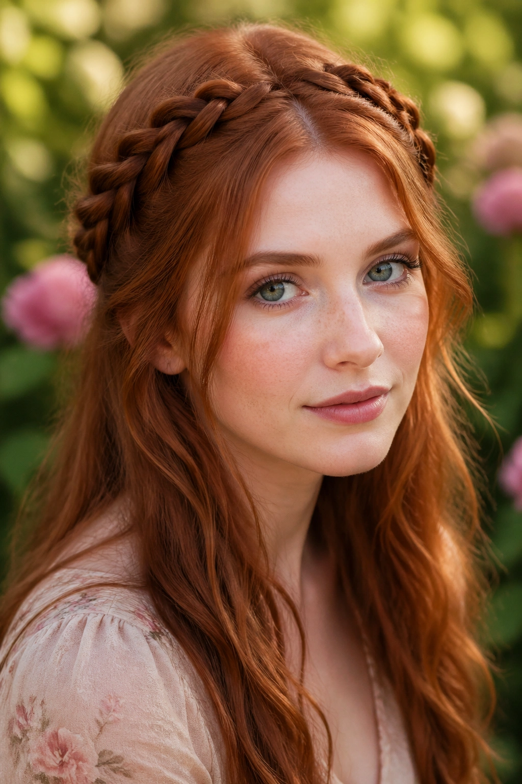 Close-up of a real woman with a crown braid on long auburn hair in a sunlit garden.