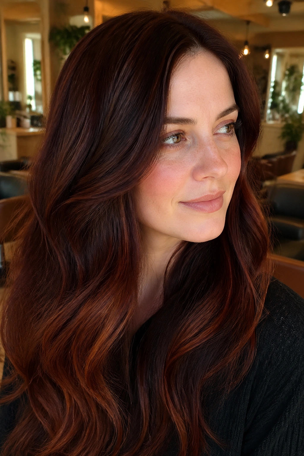 Close-up portrait of Auburn Espresso hair with warm coppery edges