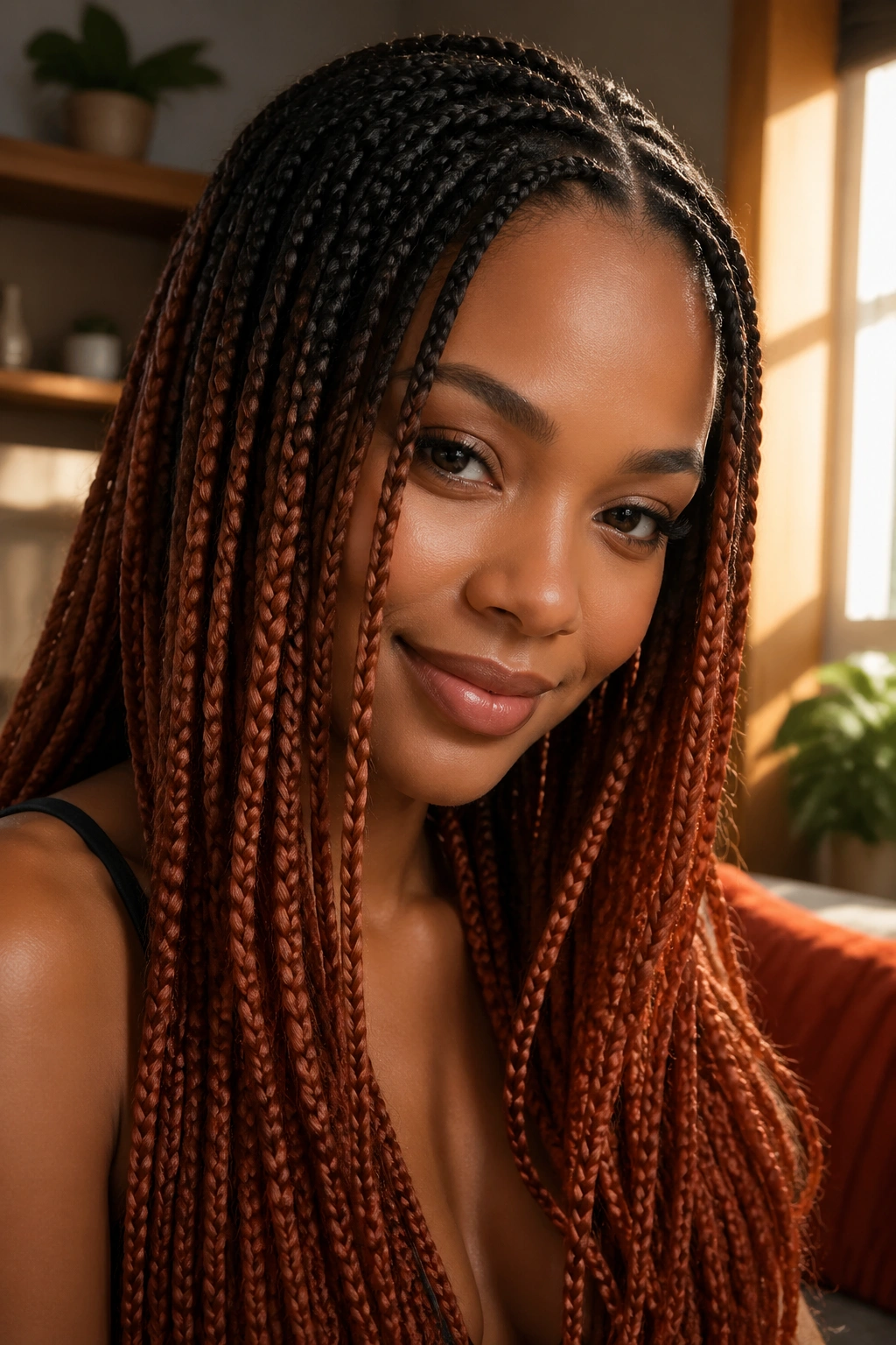 Close-up of a real woman with auburn fade knotless braids and brunette roots