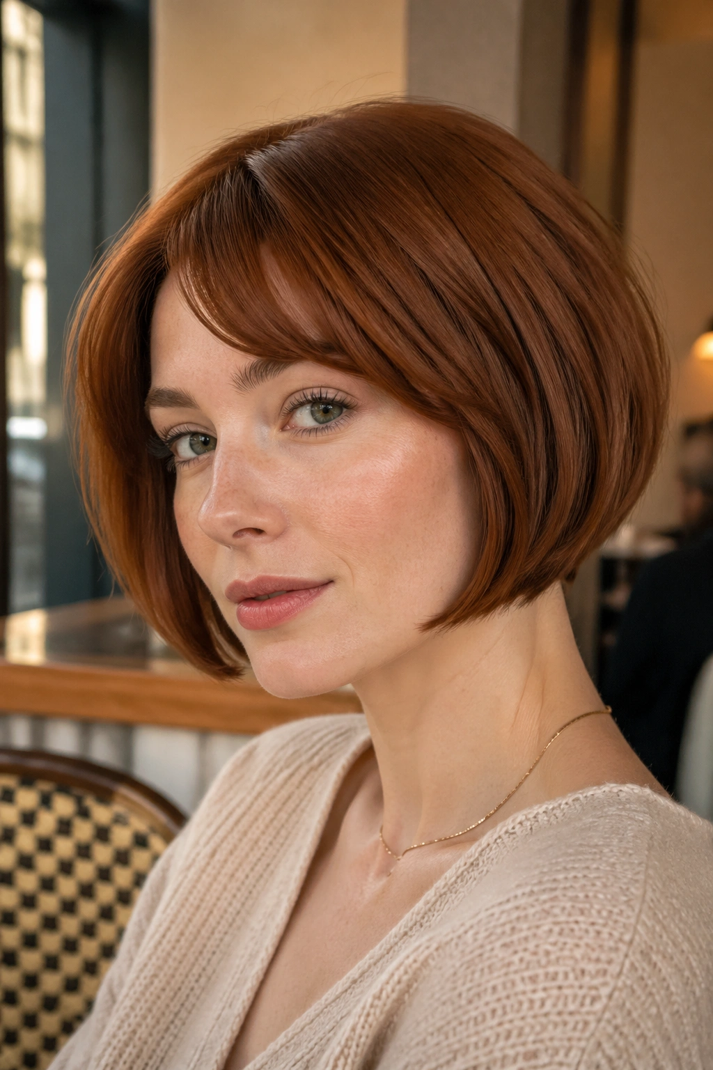 Close-up of a woman with an auburn French bob with tucked ends