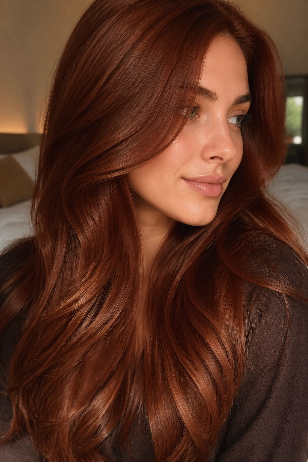 Close-up of auburn gloss hair with warm, shiny red-brown tones