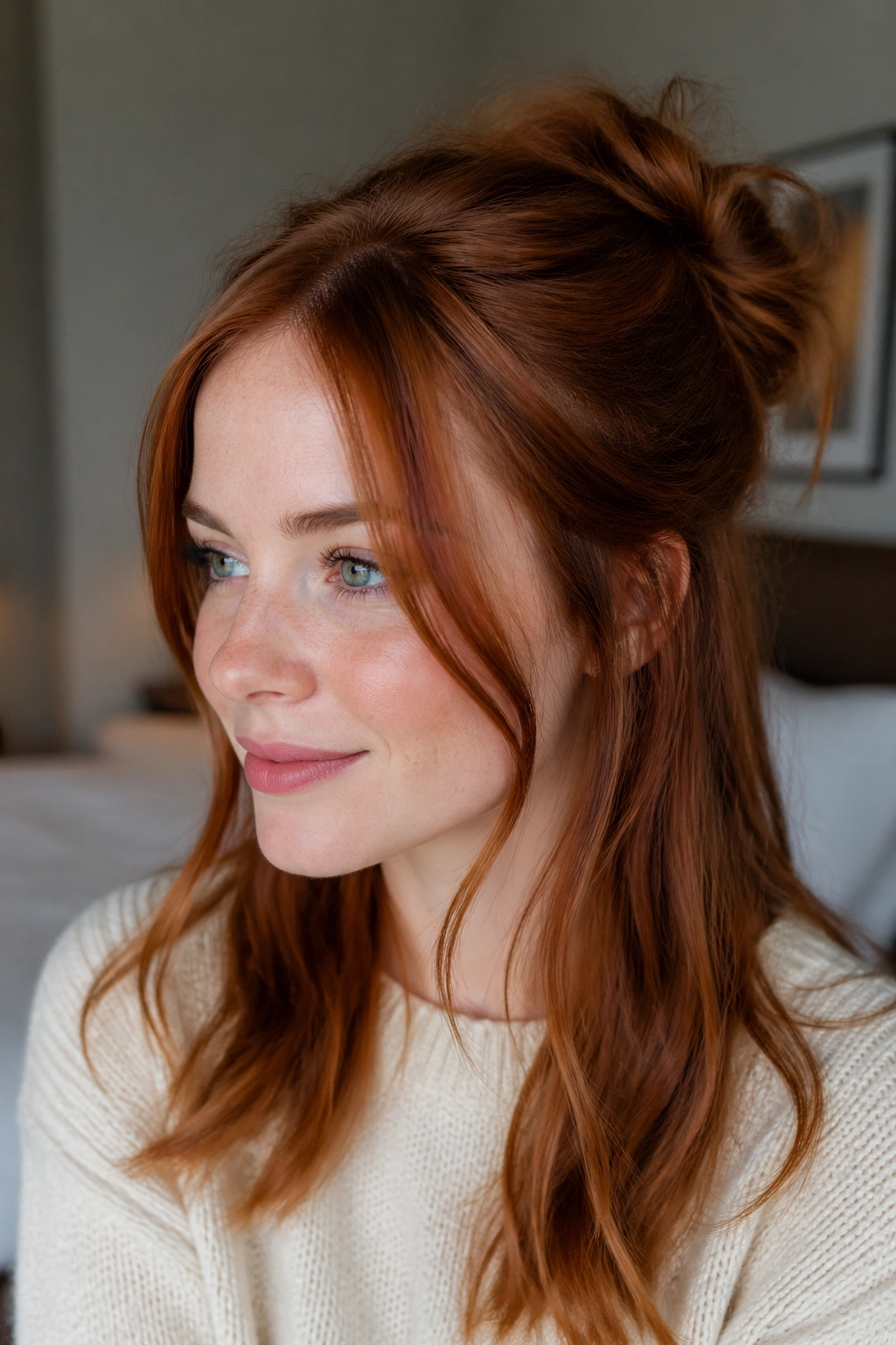 Close-up of a real woman with auburn half-up knot and face-framing pieces in warm window light.
