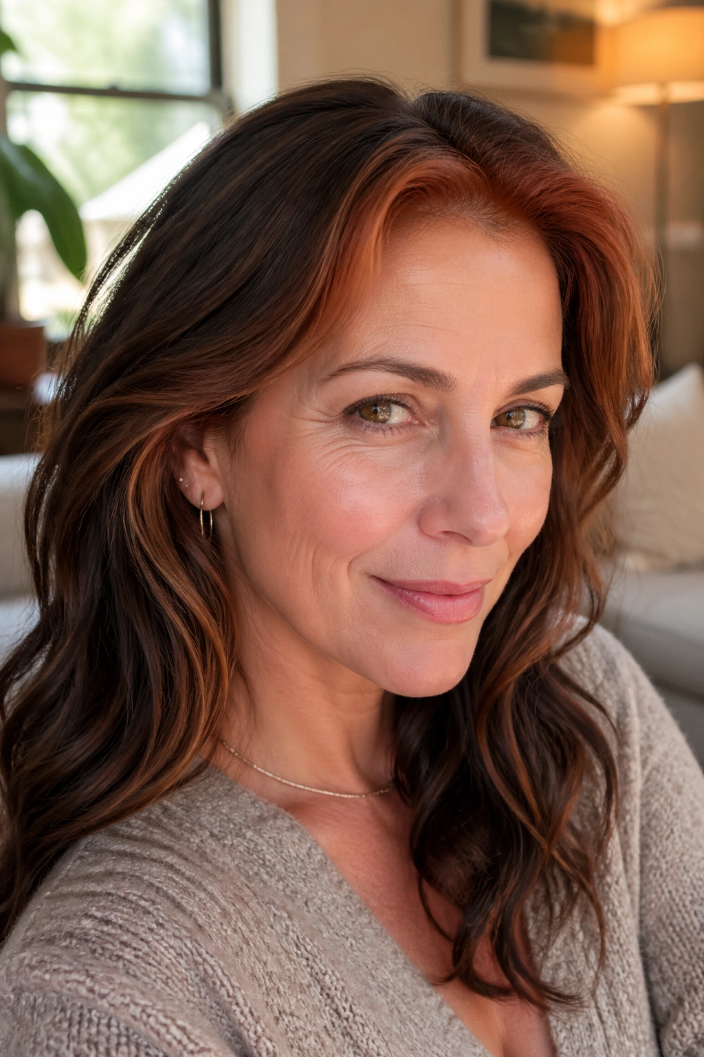 Close-up of a woman with an auburn halo around her hairline framing her face.