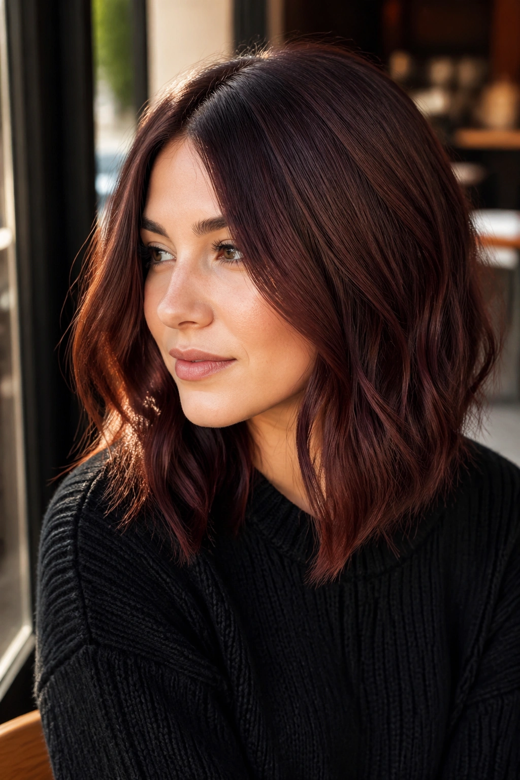 Close-up portrait of a real person with auburn mahogany lob and movement