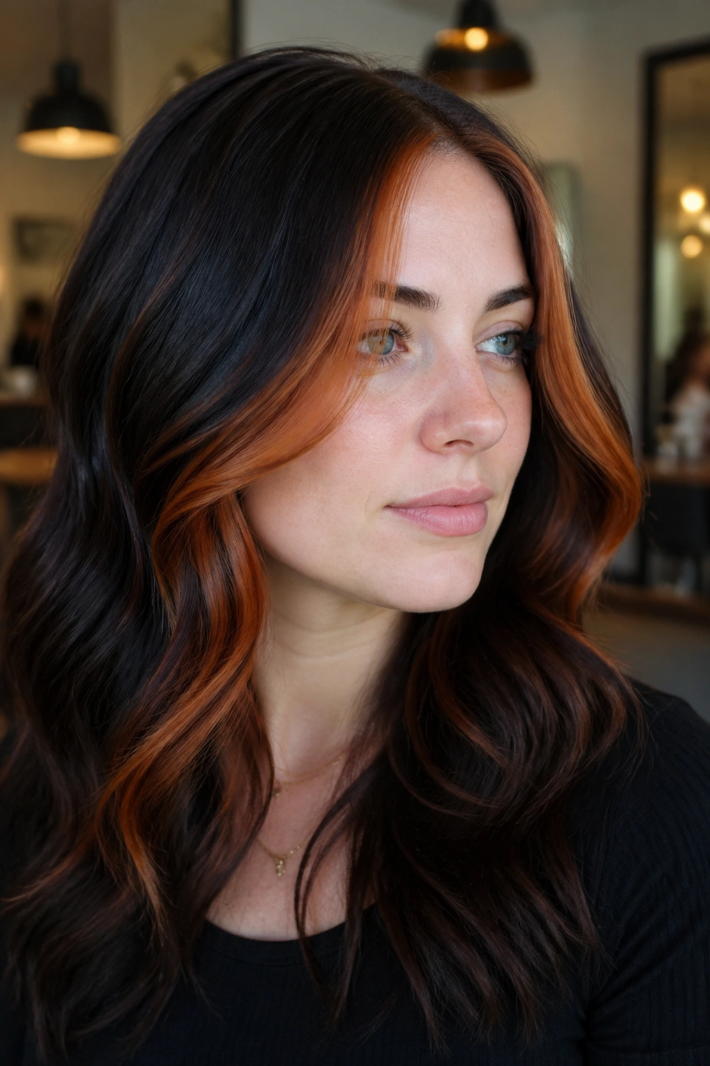 Close-up of a woman with dark base hair and auburn face-framing money pieces