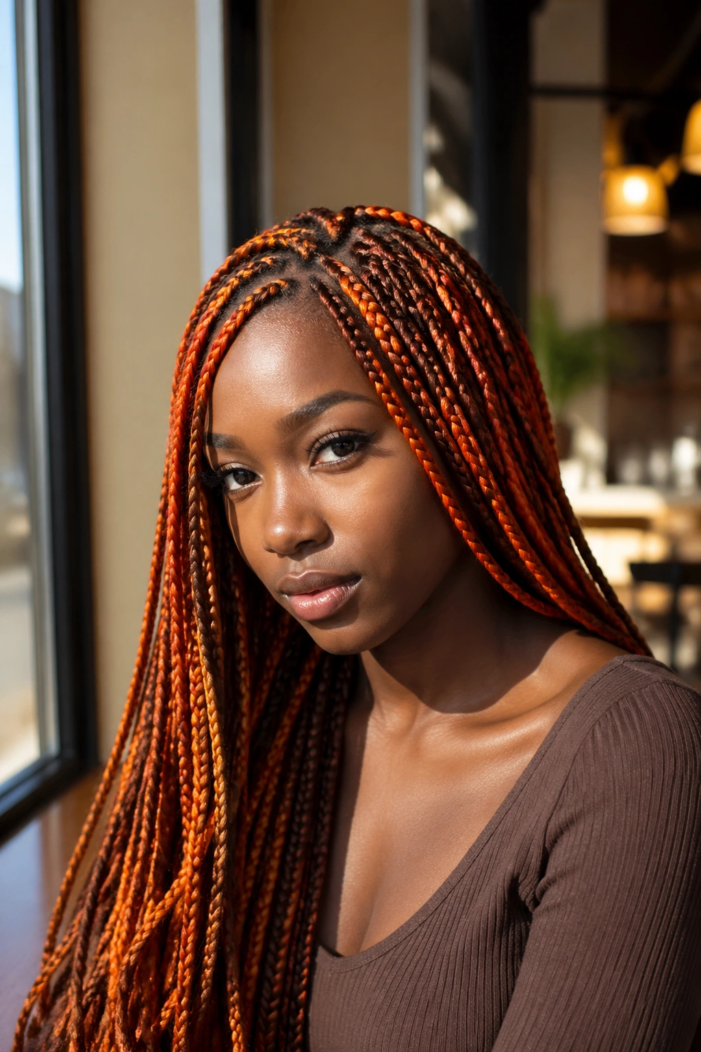 Close-up of auburn-orange blend box braids on a real woman