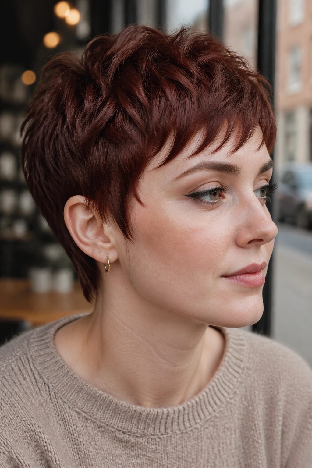 Close-up of a real person with smoky auburn textured crop in natural light.