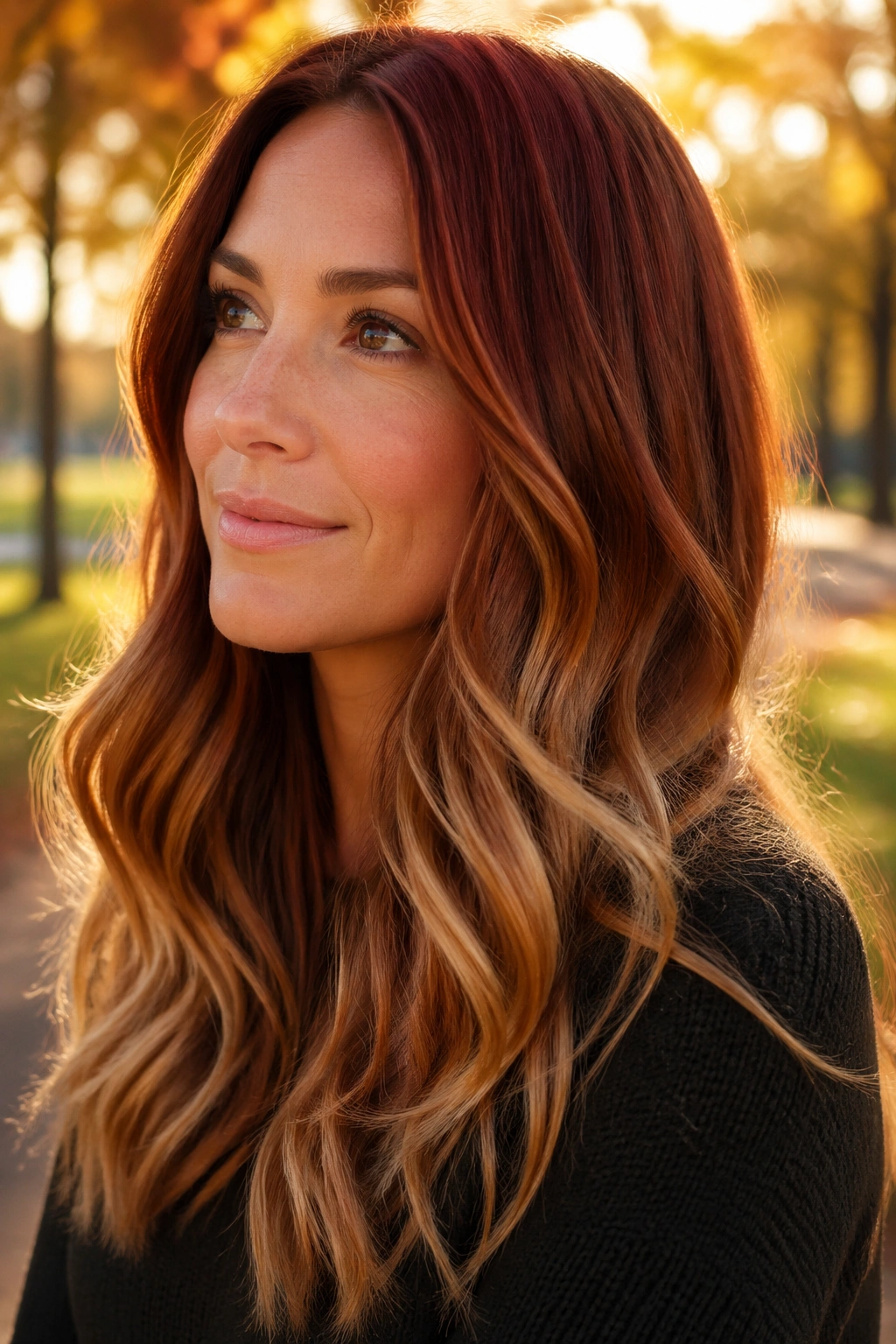 Close-up real person with auburn to toffee balayage ombre