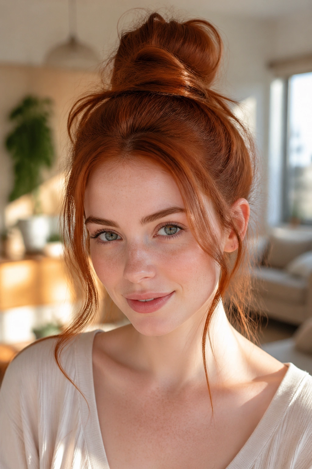 Close-up of a real woman with auburn top knot and wispy tendrils around the face