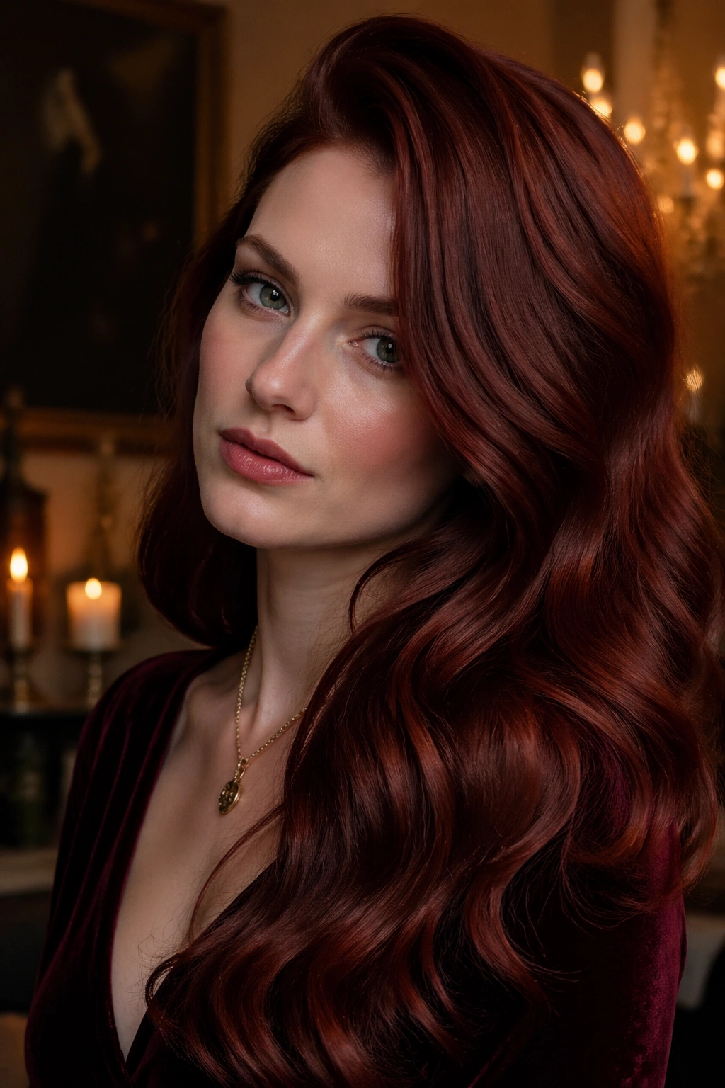 Close-up of a real woman with cherry auburn glam waves and a deep side part in candlelight.