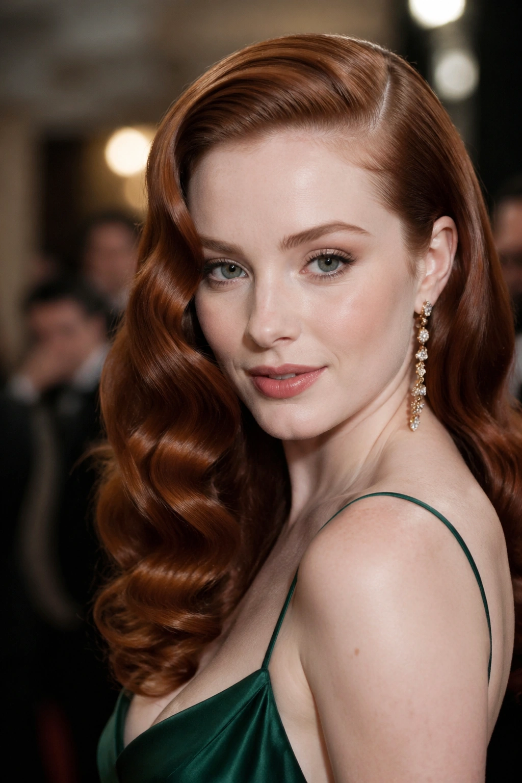 Close-up of a real woman with auburn old-Hollywood waves and a deep side part.