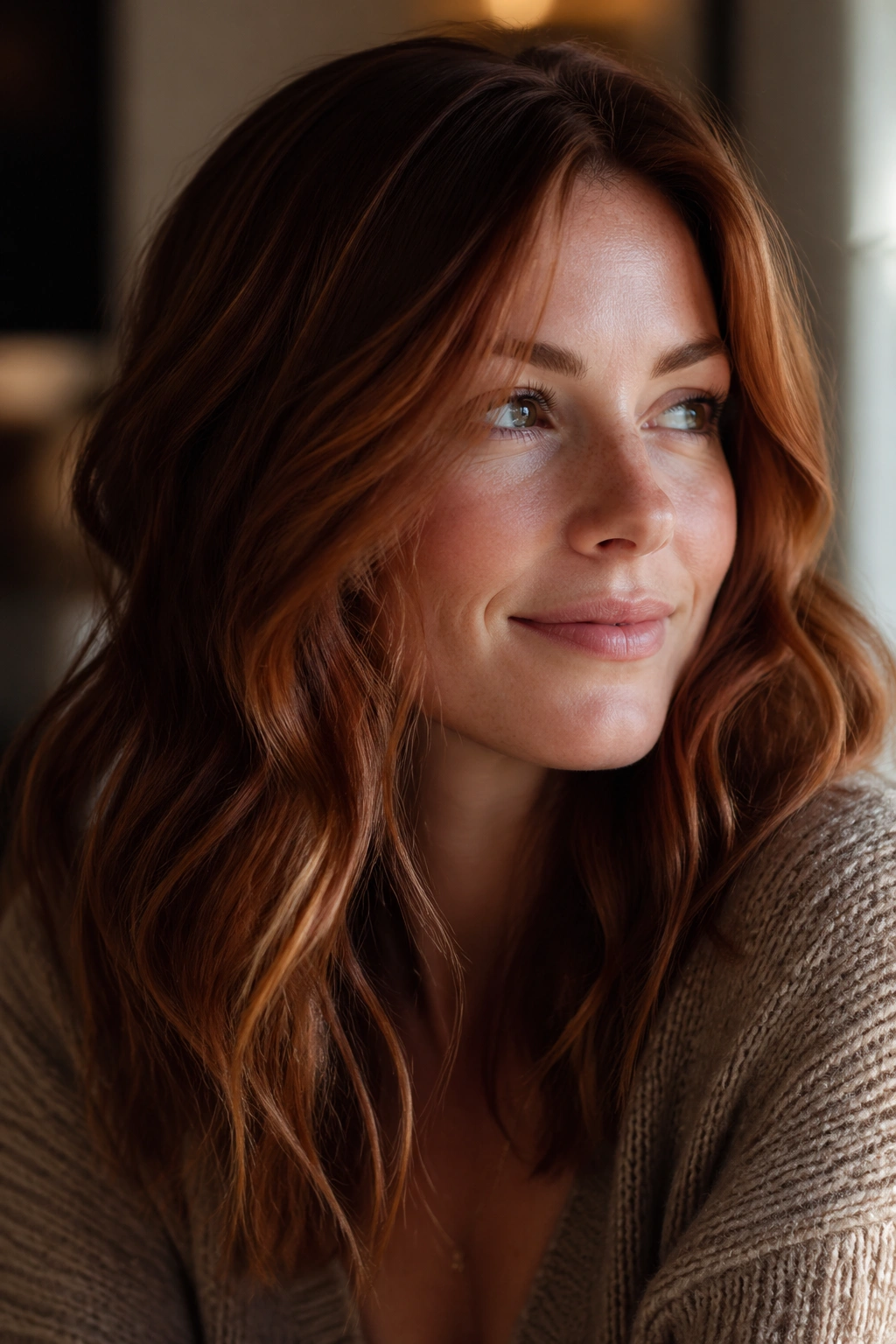 Close-up portrait of a real woman with auburn wavy hair in warm window light