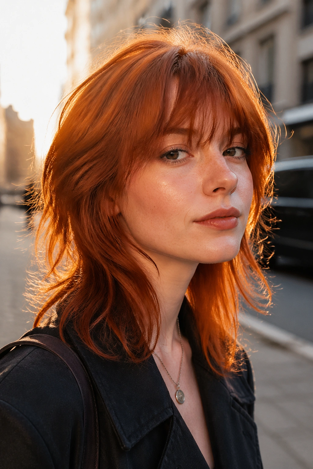 Portrait of a woman with an auburn wolf cut and airy fringe