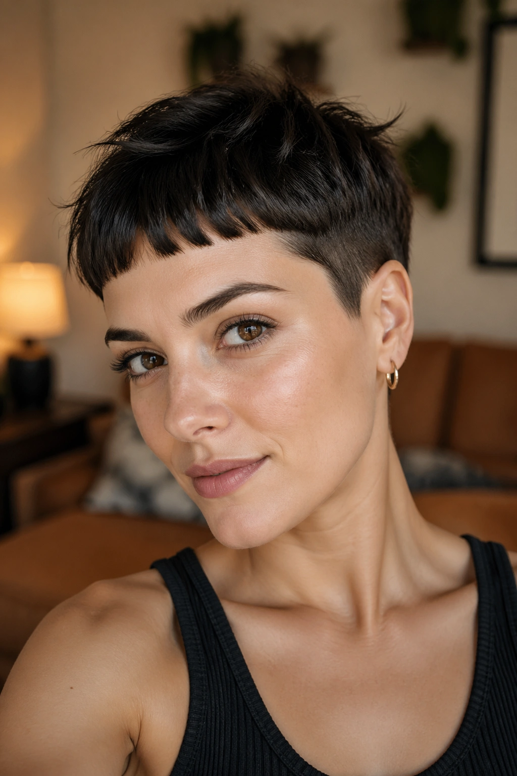 Close-up of a real person with baby bangs pixie and cropped sides in a warm living room