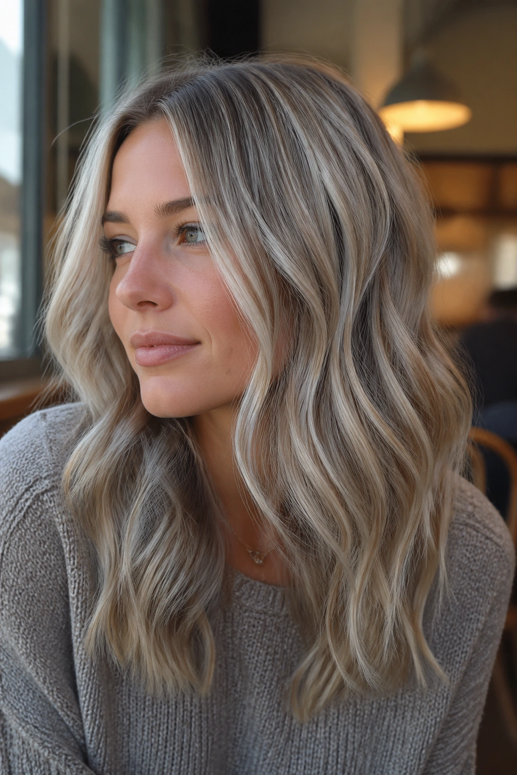 Close-up of a woman with ultra-fine white babylights in soft waves
