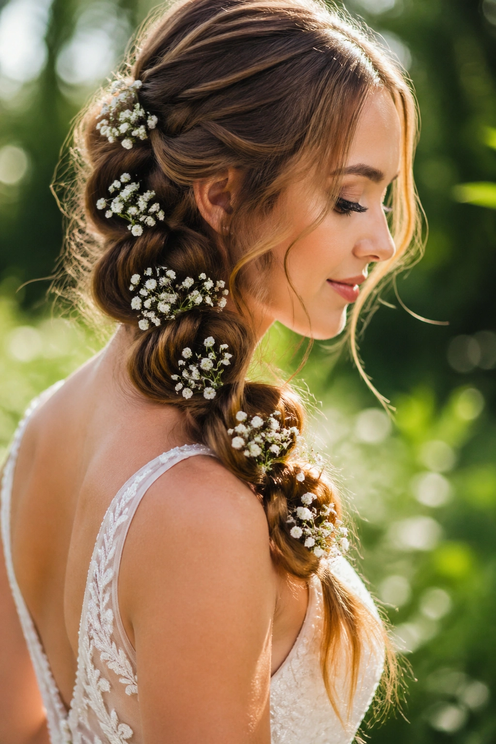 Close-up of a bride's bubble braid with baby's breath tucked between bubbles in a garden
