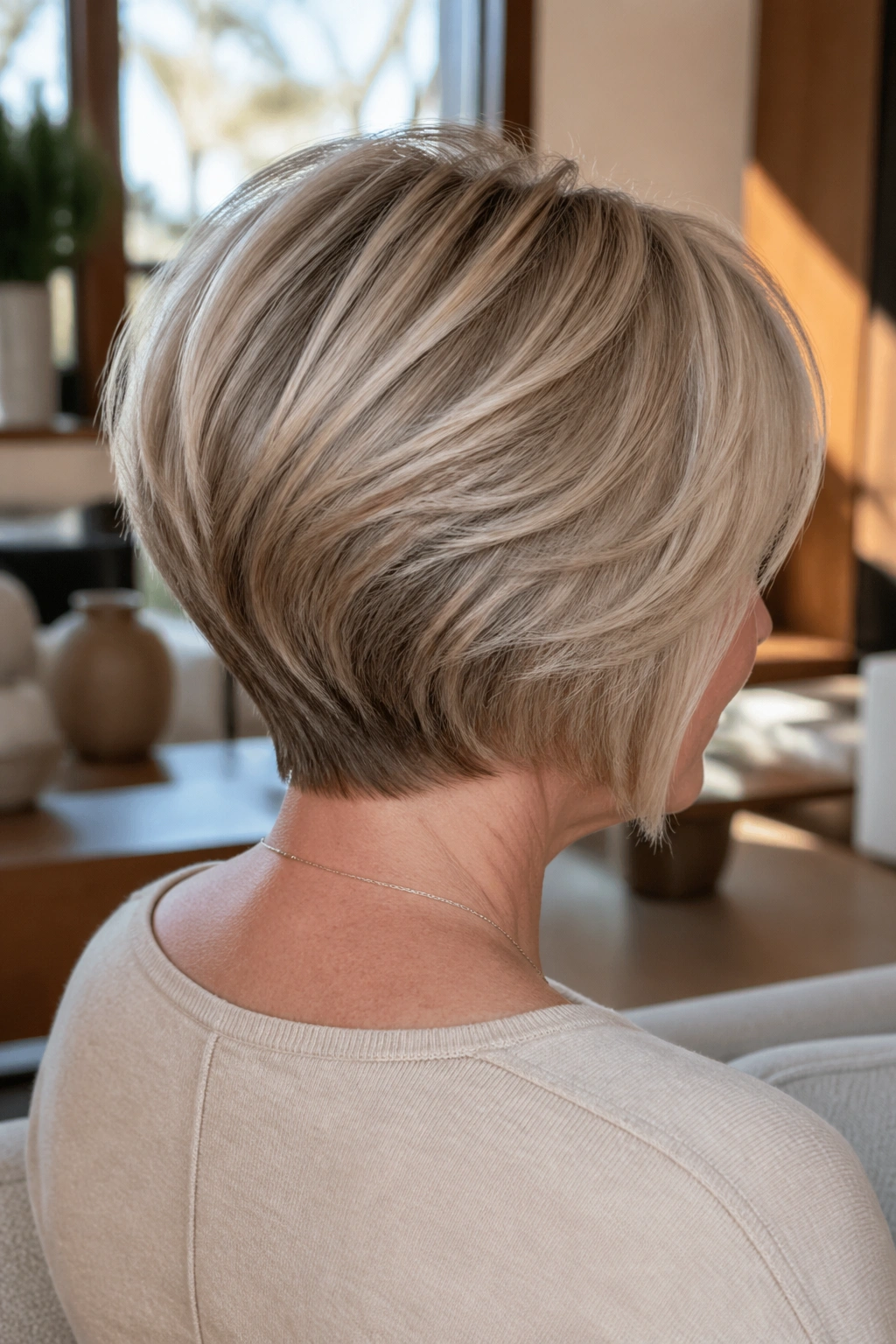 Back view of a real woman wearing a soft stacked bob showing nape lift