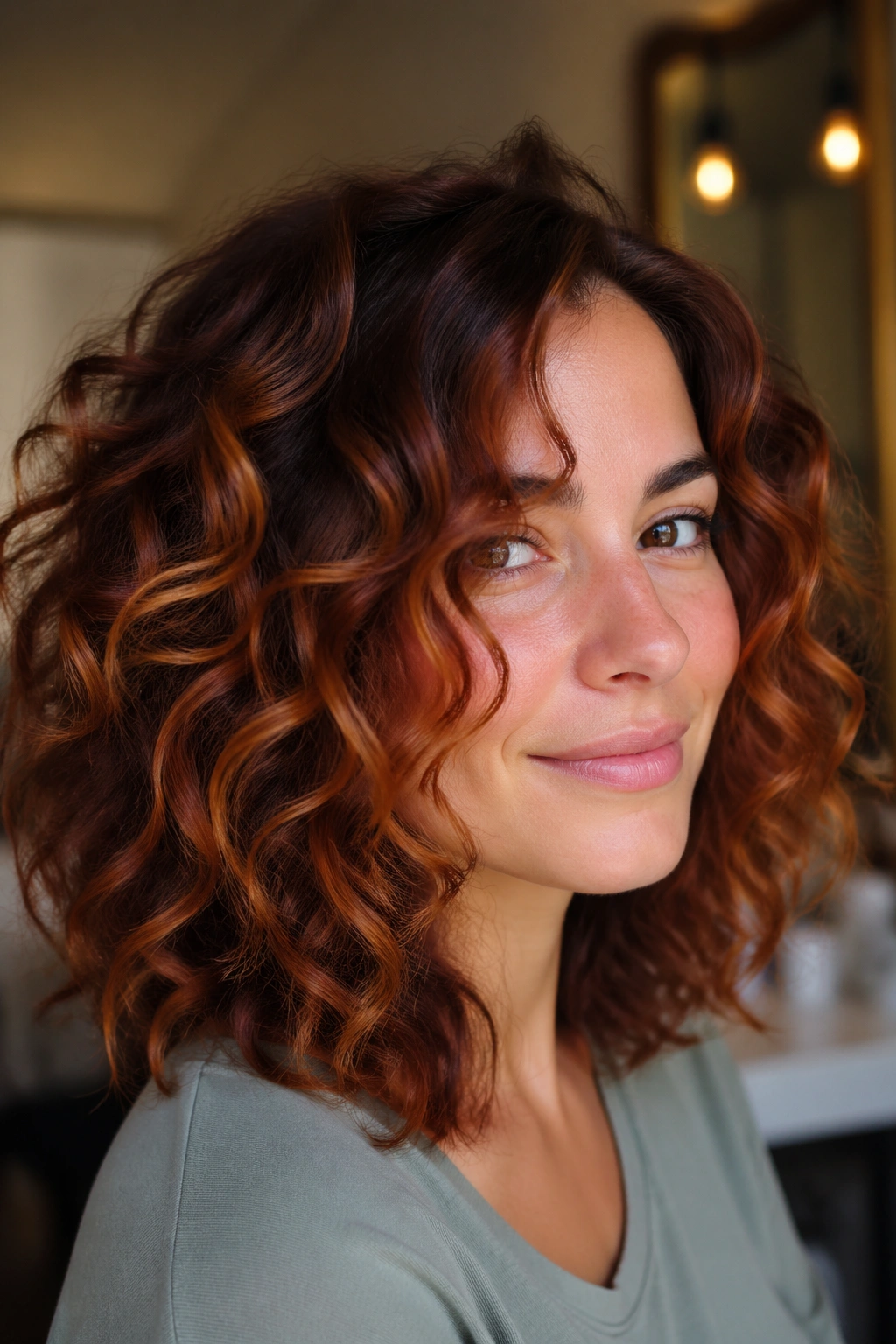 Close-up of a real woman with soft auburn balayage on mid-length curls