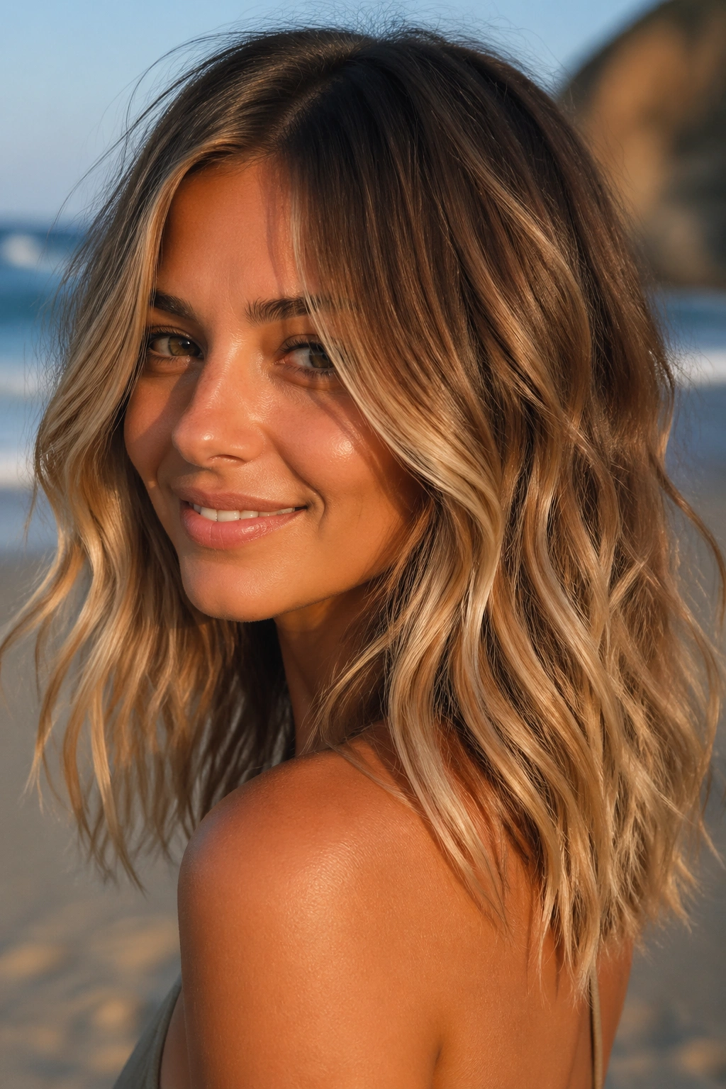 Close-up of a real woman with sunlit sand balayage and loose beach waves on the beach
