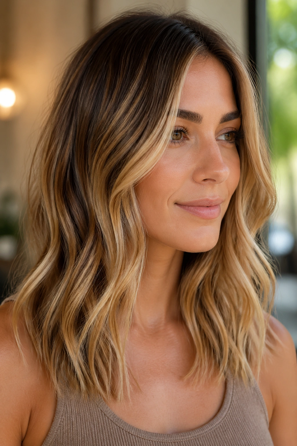 Close-up of a real woman with beige and honey balayage and soft waves