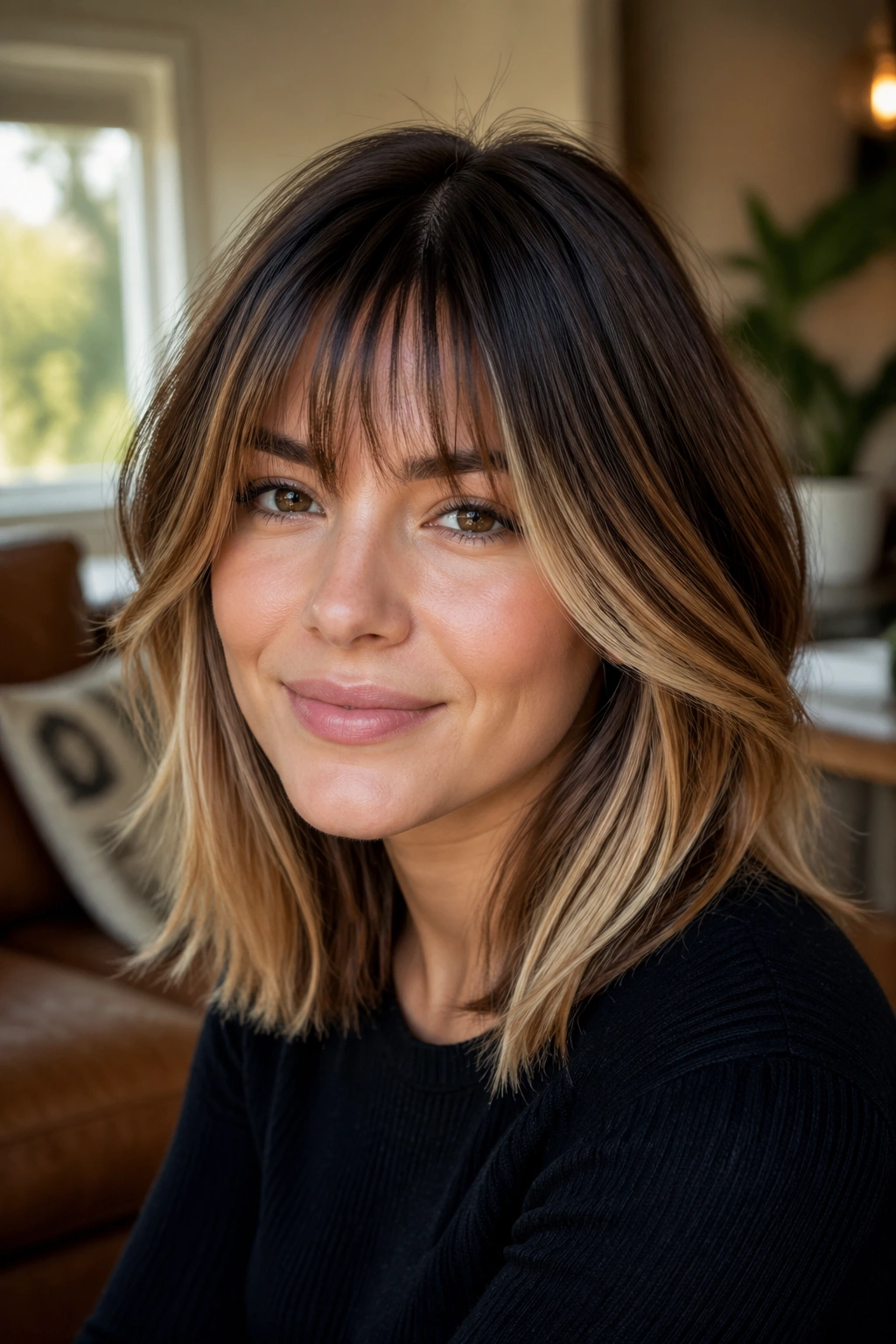 Real woman with caramel face-framing balayage and bangs in window-lit room.