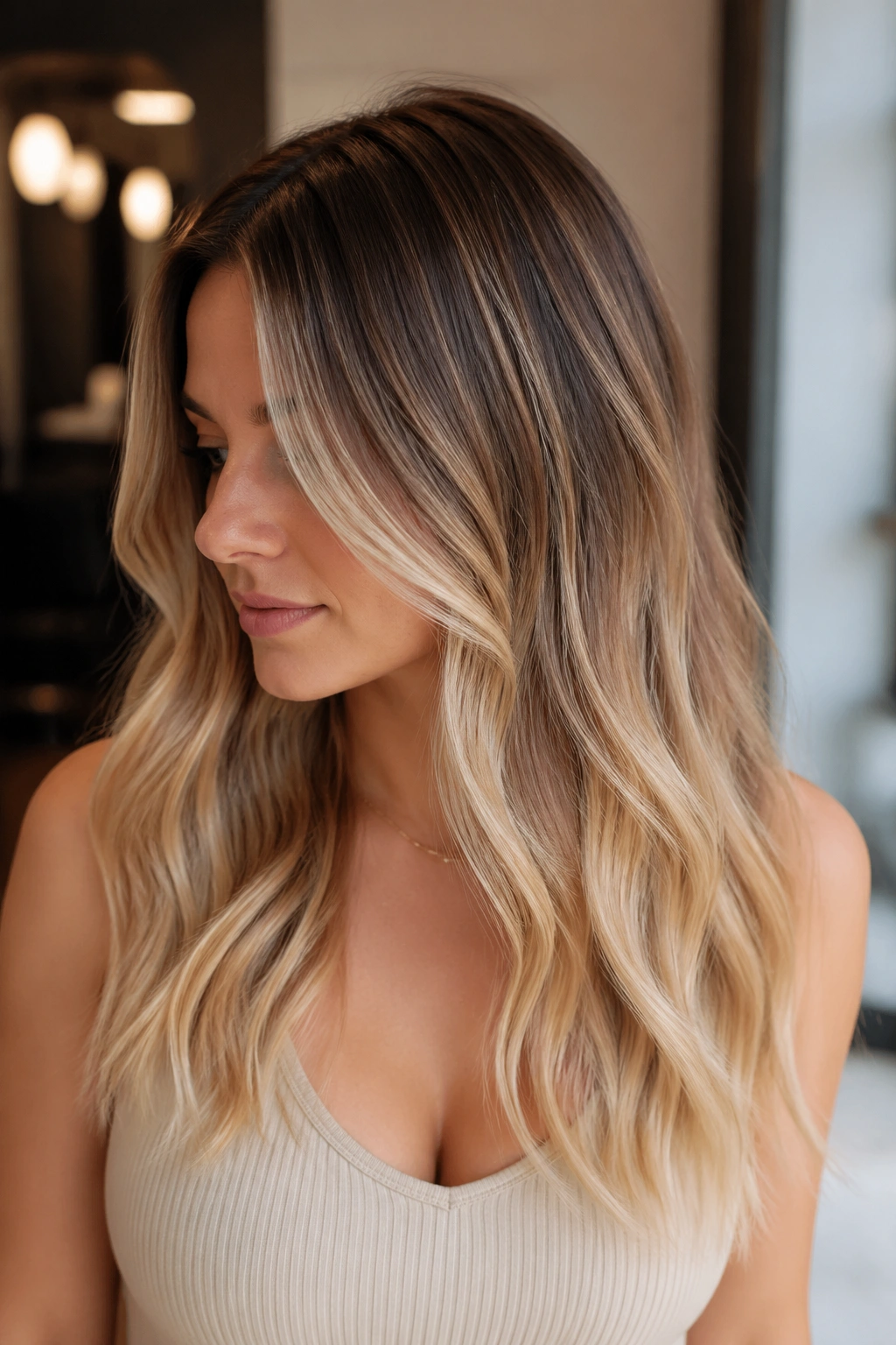Close-up of chestnut-to-blonde balayage on a real person with warm root-to-ends gradient