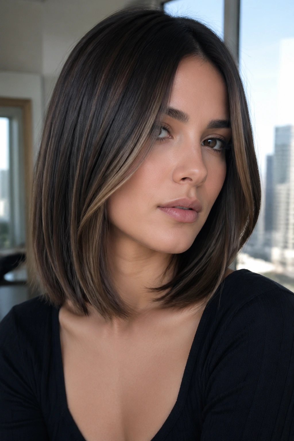 Real woman with cool espresso balayage on sleek medium cut in a window-lit apartment.