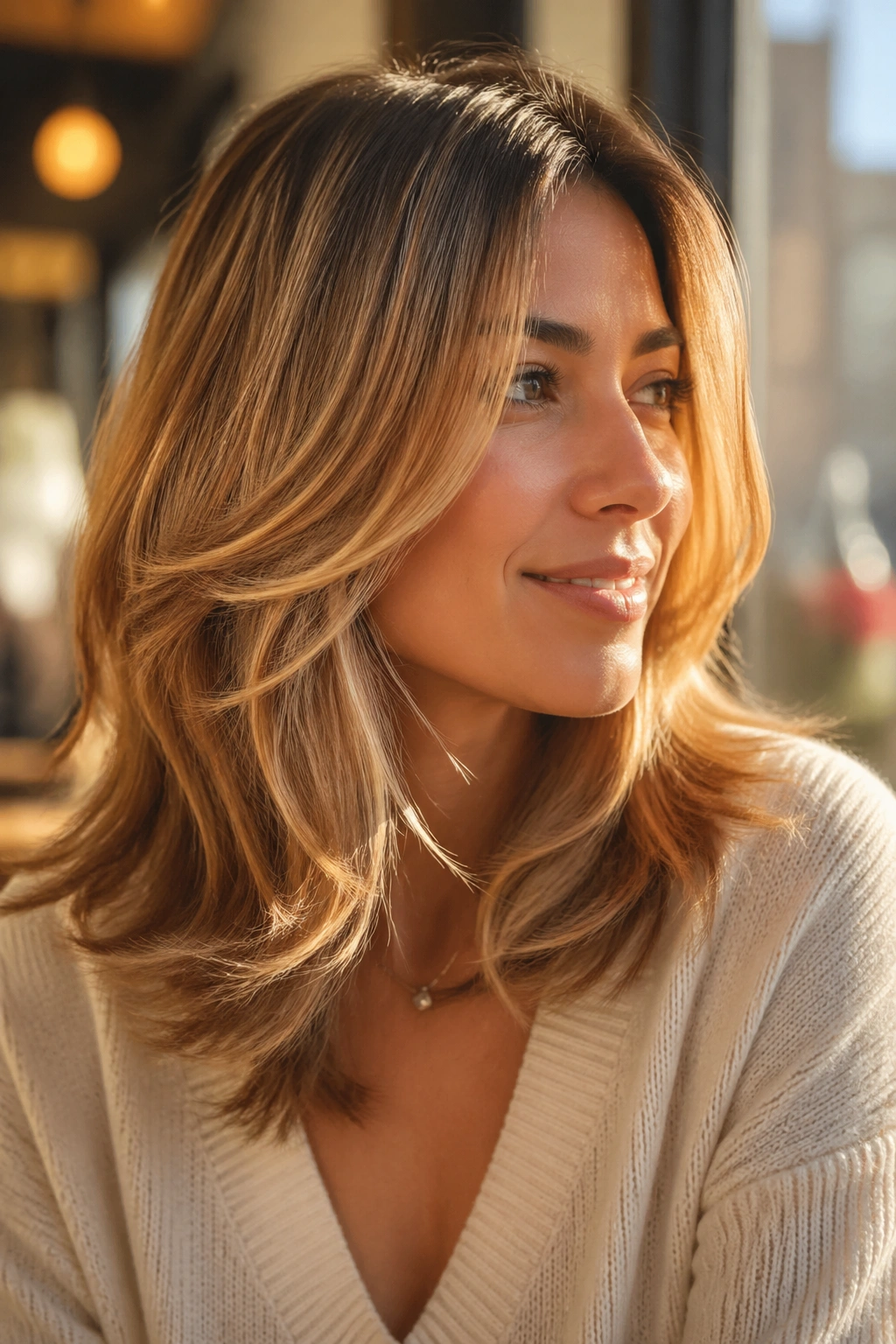 Portrait of a woman with golden balayage on airy layers in natural sunlight.