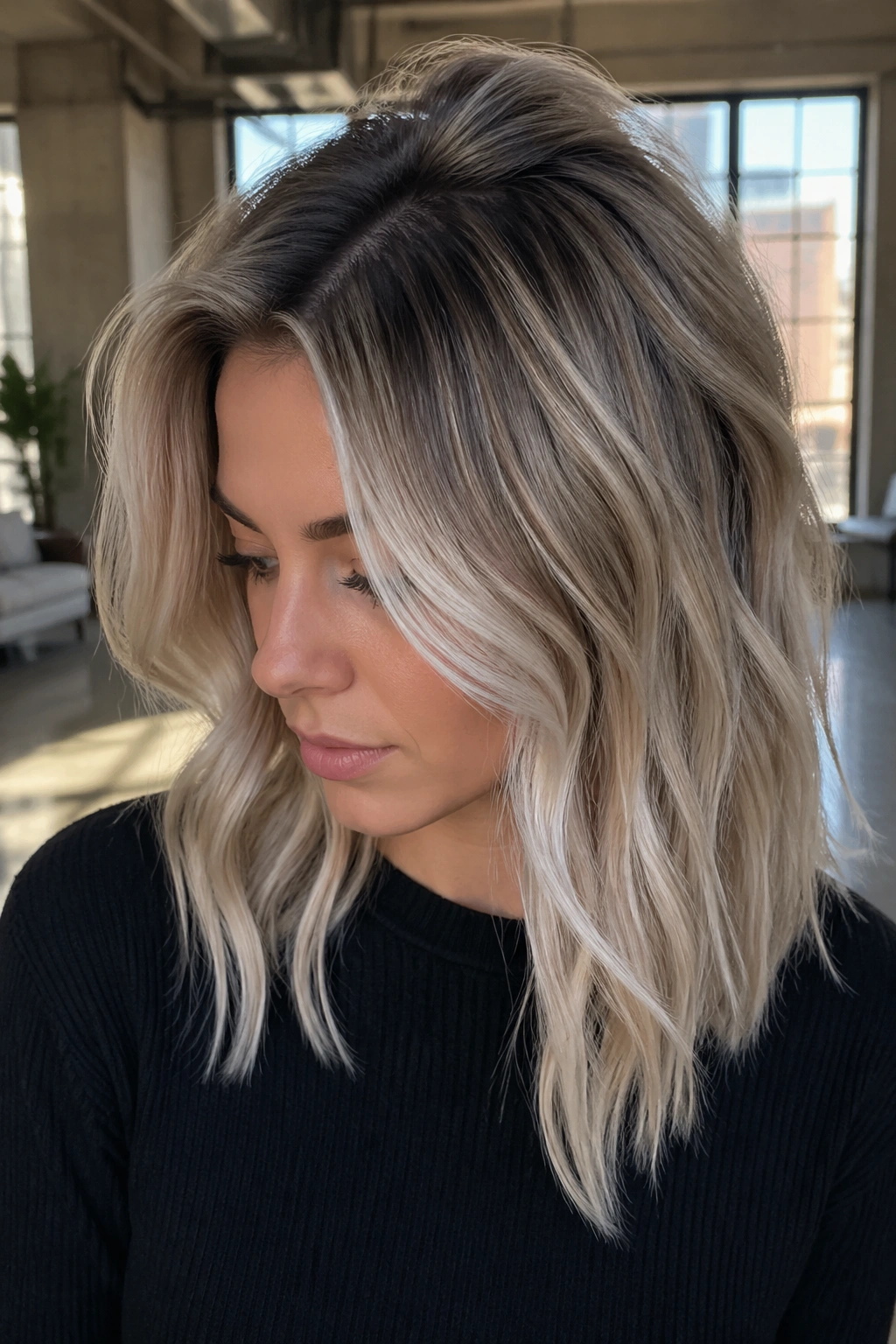 Close-up of a real woman with icy beige balayage and crown volume