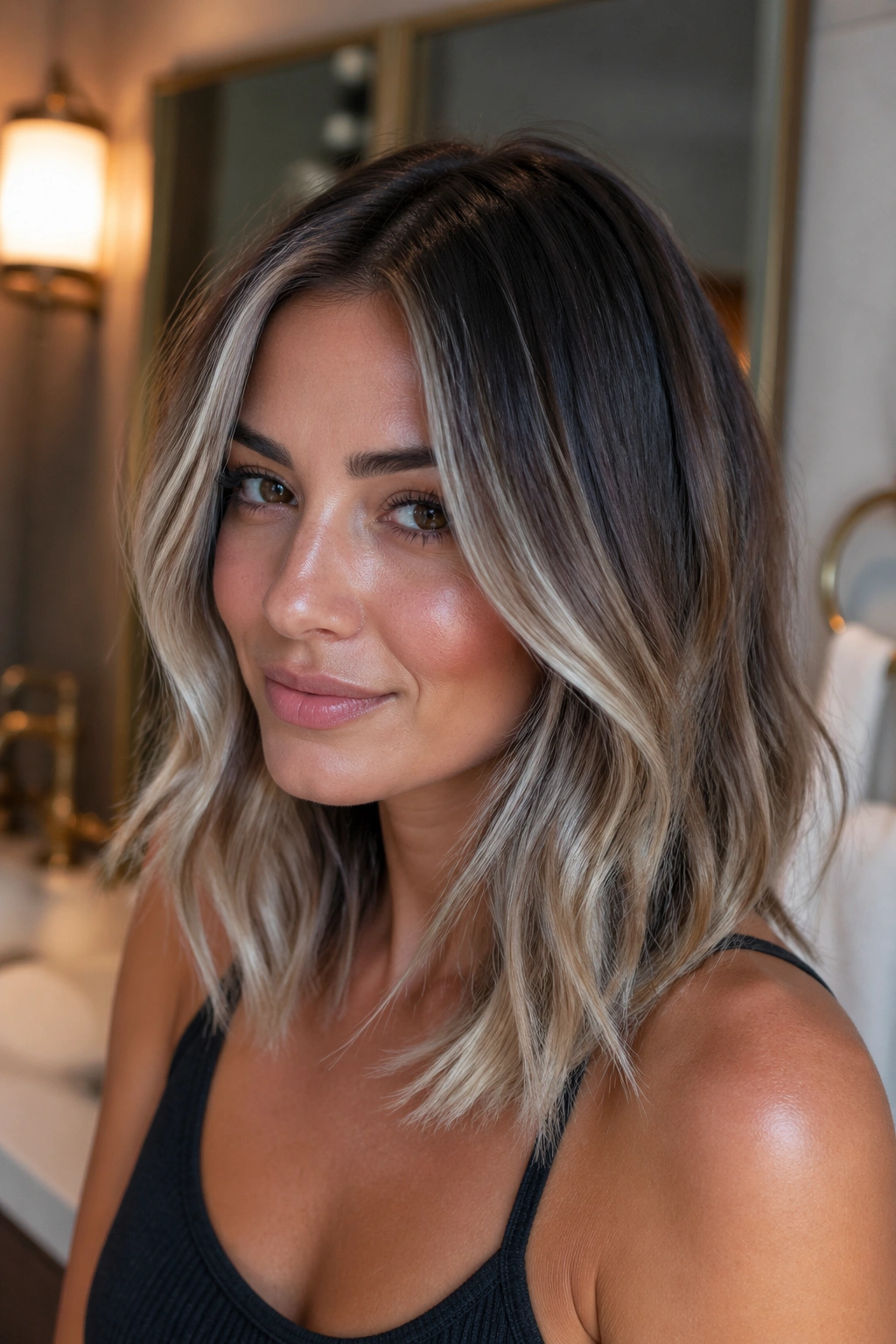 Real woman with dark roots and platinum-softened balayage around the face.