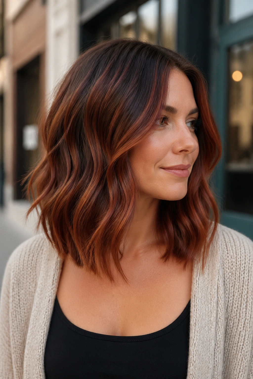 Real woman with red-brown balayage on a wavy lob in natural daylight.