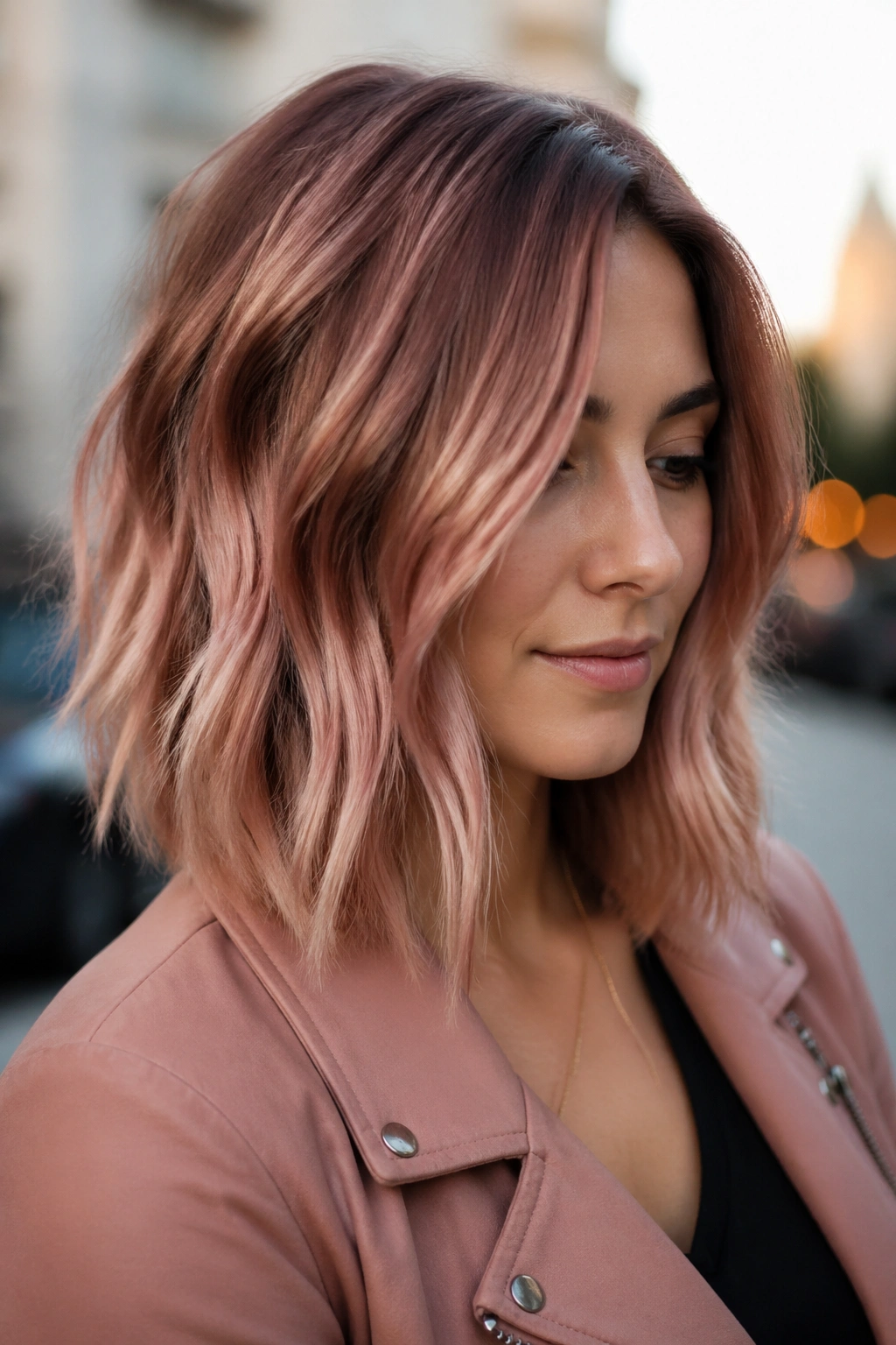 Close-up of a real woman with rose gold balayage on a textured lob